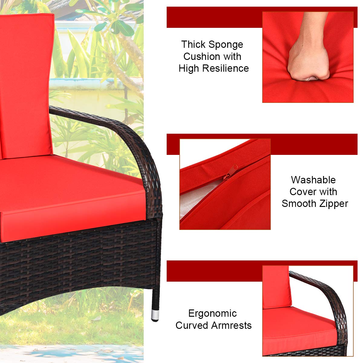 Tangkula 3-Piece Patio Conversation Set, Outdoor Wicker Furniture Set, Rattan Coffee Table & Chairs Set with Cushions, Outdoor Conversation Set for Garden Balcony Backyard (Red) Tangkula