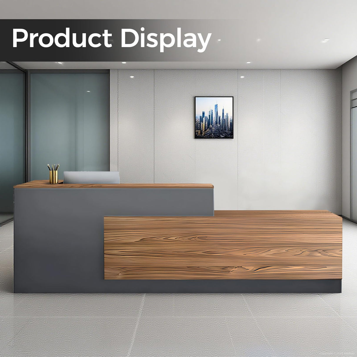 Anzhap Modern L-Shaped Reception Desk with Storage, Front Desk Reception Counter with Drawer, Storage Cabinets for Office, Lobby, Salon (European Oak+lron Gray - Left Cabinet, 102" L * 24" W * 41" H) Anzhap