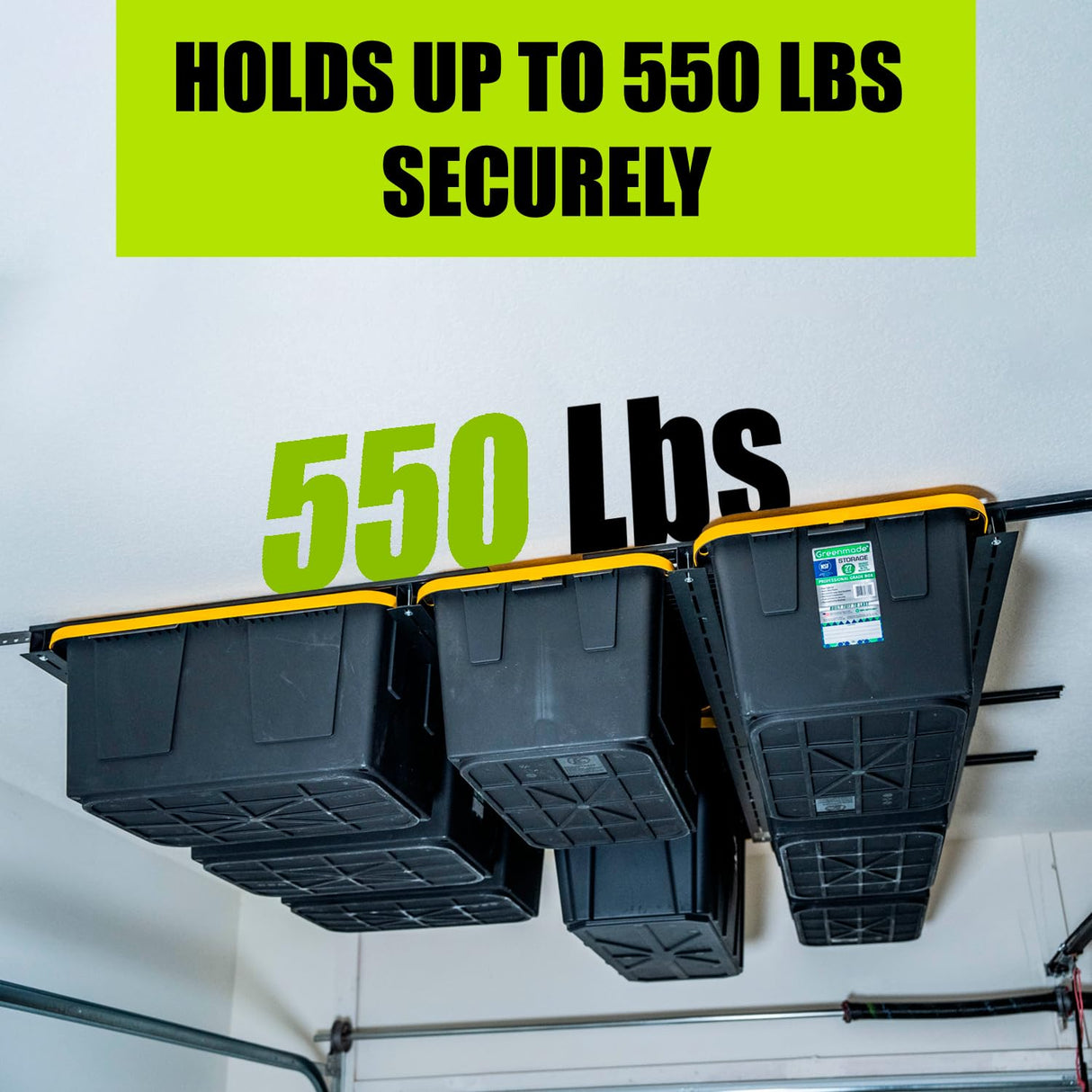 GARAGE STORAGE TOTE SLIDE RACK Overhead Tote Storage Rail System, Garage Ceiling Bin Storage Rack Heavy Duty Adjustable Tote Slide Garage Storage System, NEGRO, MR0001 RG GARAGE SOLUTIONS