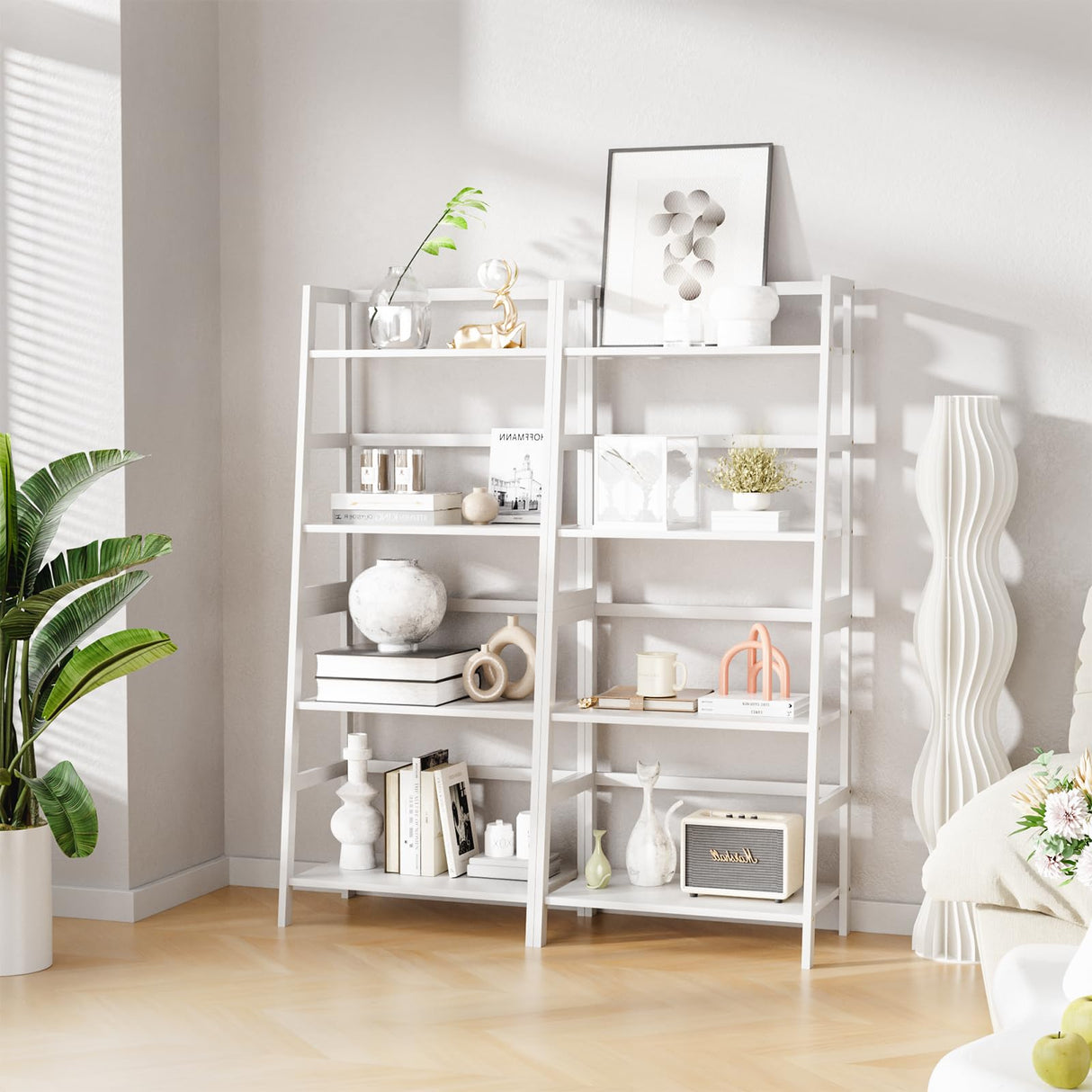 HITNET Ladder Shelf, 4 Tier Bookshelf, Floor Standing Bathroom Storage Rack with Bamboo Frame, Home Office Open Display Bookcase, White HITNET