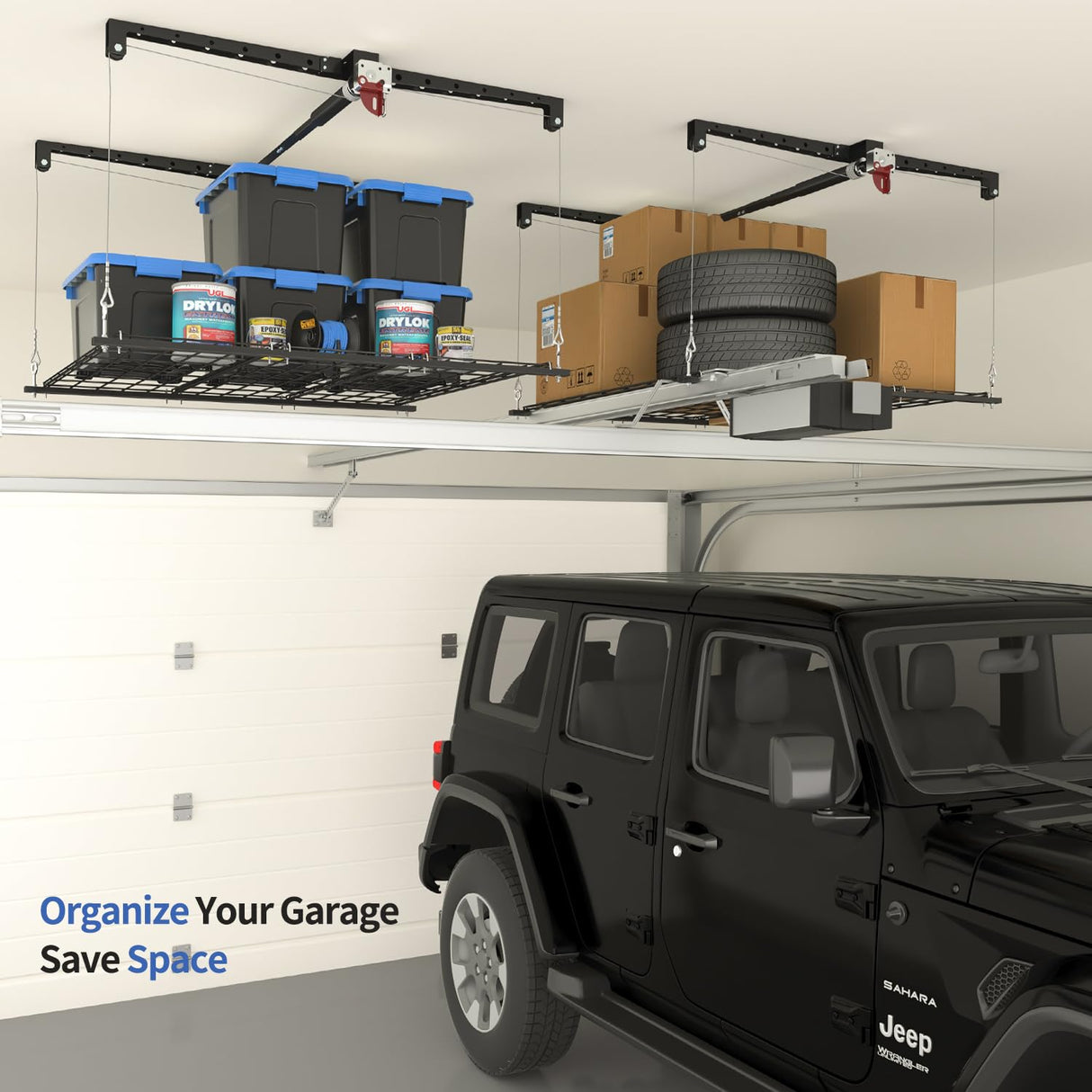 KOKORACKER Garage Ceiling Storage Racks, Heavy-duty 4x4 Ft Overhead Garage Storage Rack with Safety Lock, Ideal for Overhead Storage Mounted Lift System and Storage Organizer, 250lbs Capacity KOKORACKER