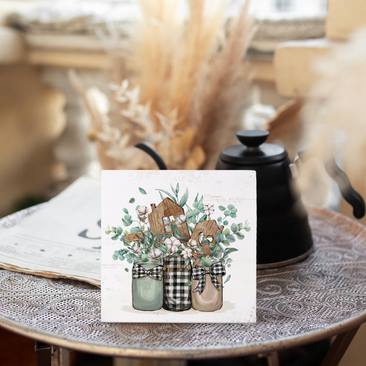 Yetmadi Spring Eucalyptus Leaves Sign Wood Box Desk Decor,Eucalyptus Decor,Sage Green Eucalyptus Leaves Wooden Block Box Sign Decoration for Farmhouse Shelf Table Decor,5x5 Inch Yetmadi