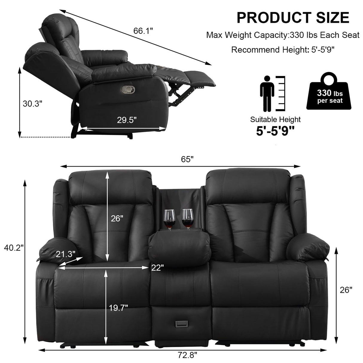 IBTKIG 72.8" Manual Reclining Loveseat Sofa - Wall Hugger Double Loveseat Recliner with Console, Fold-Down Table and Built-in Outlets, Manual Recliner Chair for Living Room RVs Home Theater (Black) IBTKIG