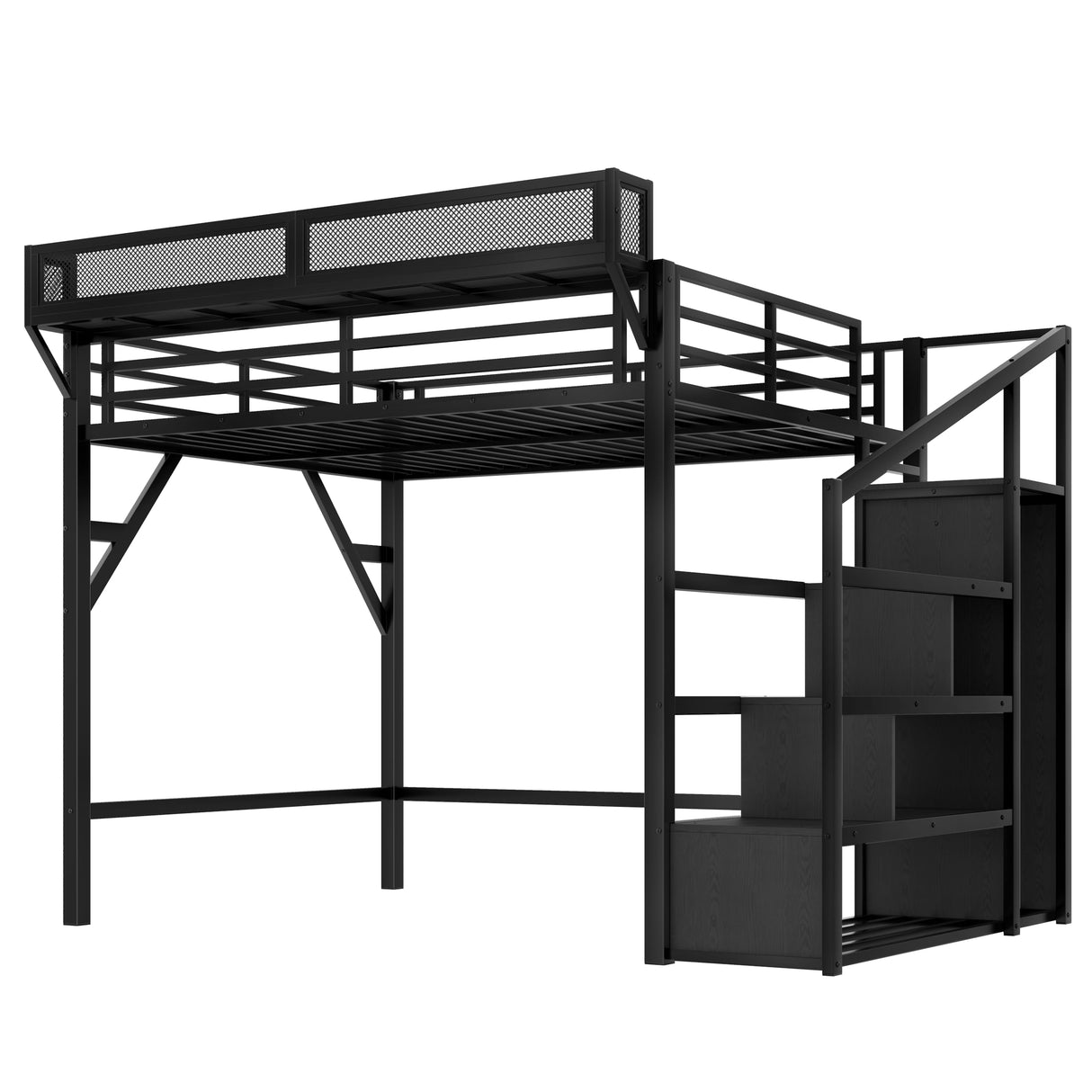 Bellemave Queen Loft Bed Frame with Storage Stairs, Beside Shelf & Wardrobe, Metal Queen Size Loft Bed with USB Ports & LED Light, Large Under-Bed Space Loft Beds for Adults, Teens, Kids, Black Bellemave