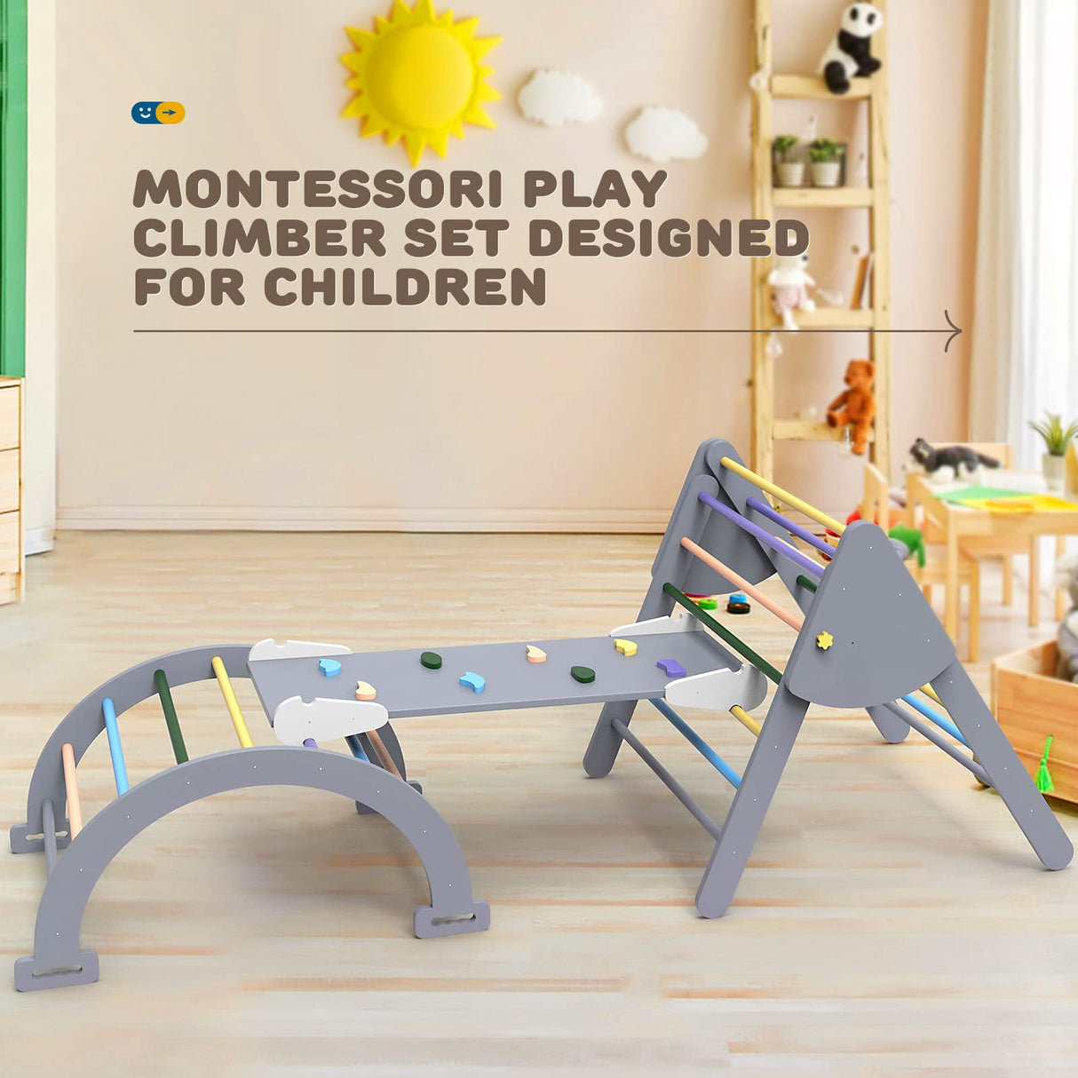 SOKO Pikler Triangle Set - 6 in 1 Pikler Triangle Climber with Ramp Set Foldable Pikler Triangle Climbing Toy, Rock Climbing Ramp, Pikler Arch Climber, Montessori Climbing Set for Children and Kids SOKO