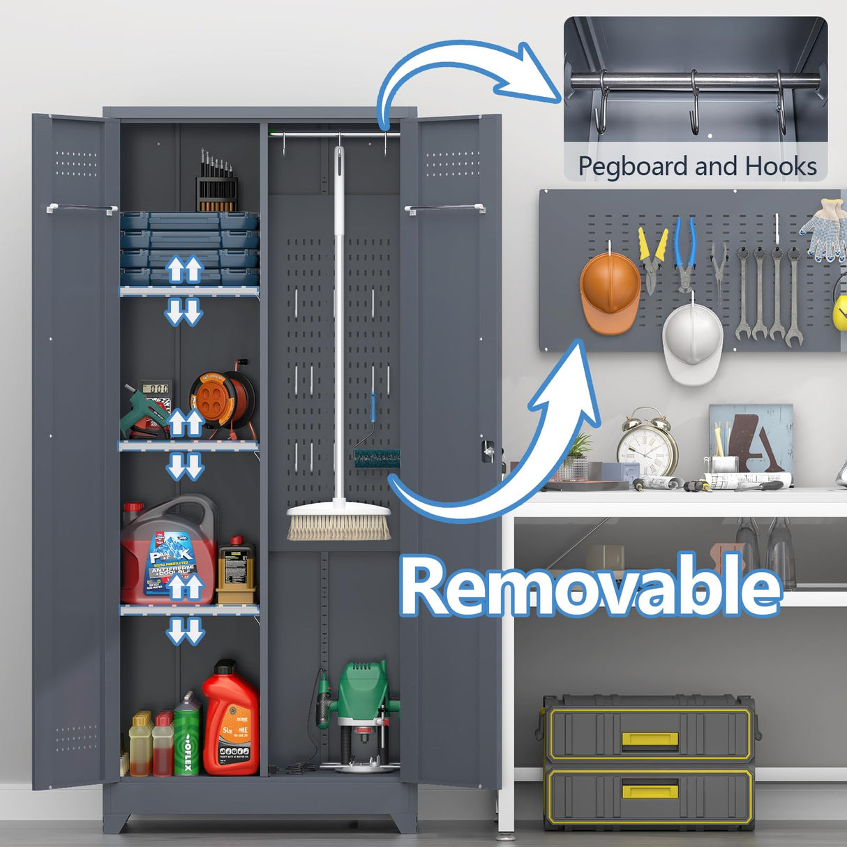 NICEGDLT Broom Closet, Broom Closet Storage Cabinets with Lock, 65" Metal Garage Organization Cabinet, Cleaning Supply Utility Storage Cabinet with Pegboard & Shelves for Laundry Room,Workshop NICEGDLT