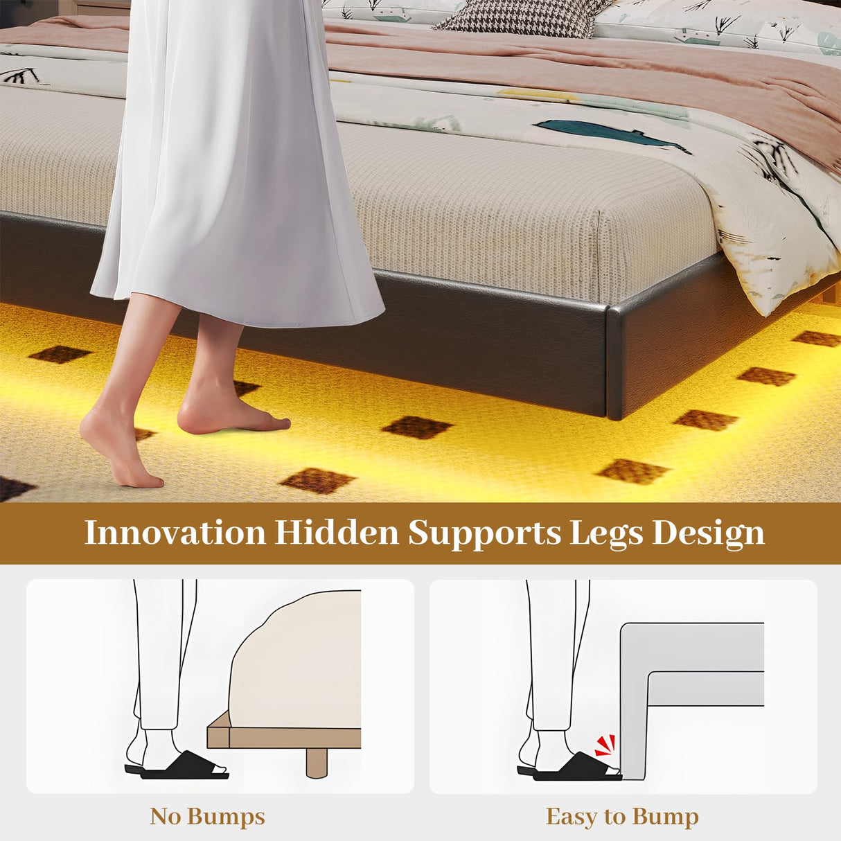 BYSAUD King Size Bed Frame,Floating Bed Frame with Storage Headboard & LED Light,Floating bed Frame King with Charging Station,King Bed with Bookcase Headboard,No Box Spring Needed,Noise-Free PU Black BYSAUD