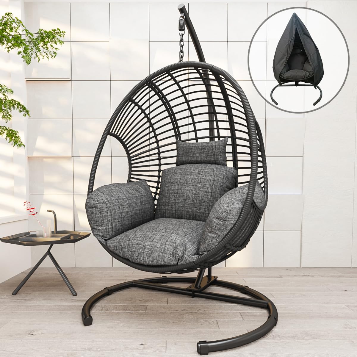 Hanging Egg Chair with Stand - Egg Swing Chair Outdoor Indoor Patio Wicker Chair Swing Hammock Egg Chairs 400lbs Capacity for Outside Patio, Bedroom, Garden and Balcony(Black) TQKVIPI