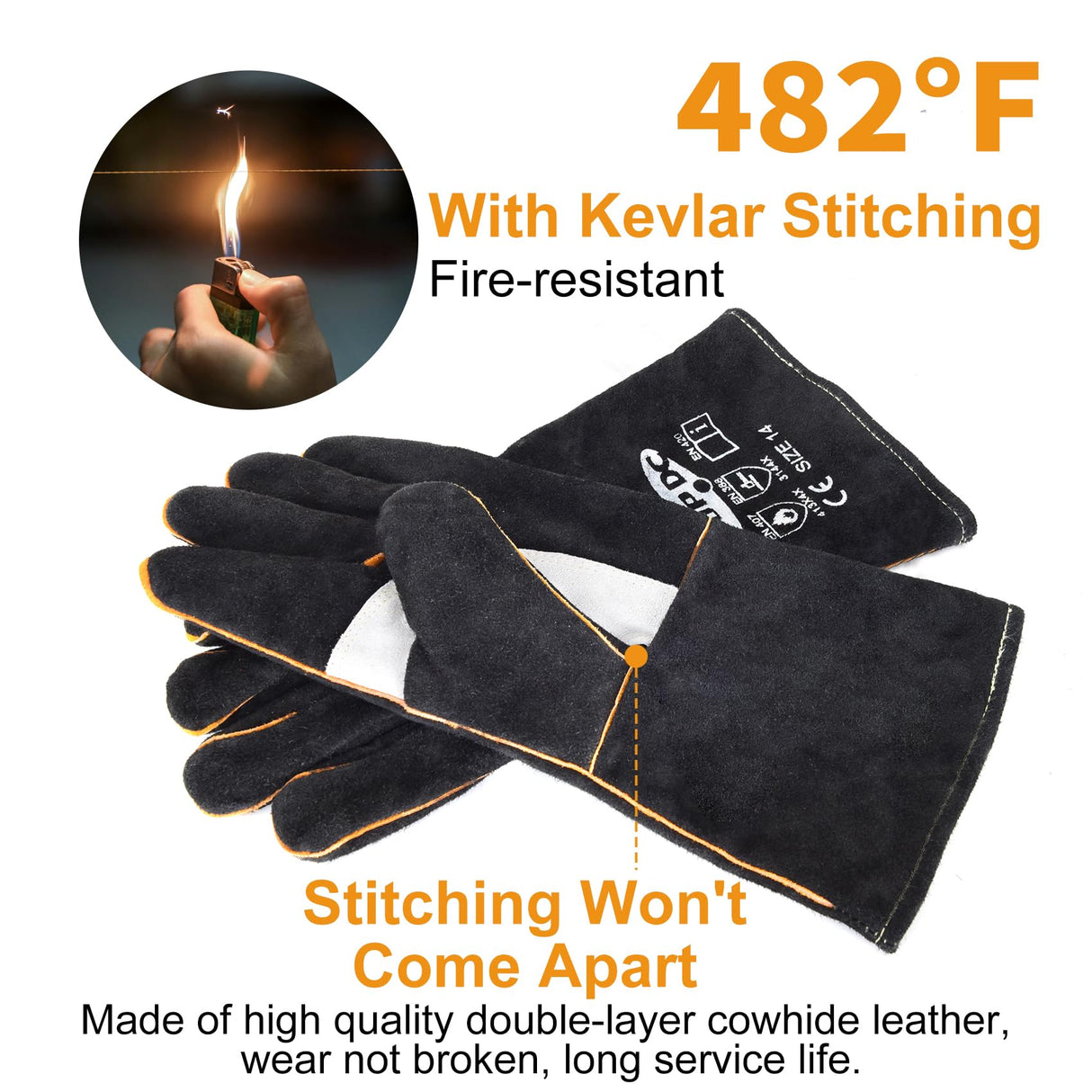 TOPDC Welding Gloves 14 Inches Fire/Heat Resistant Leather For Mig,Tig,Stick,Forge,BBQ,Grill, Fireplace,Wood Stove, Furnace,Pot,Oven TOPDC