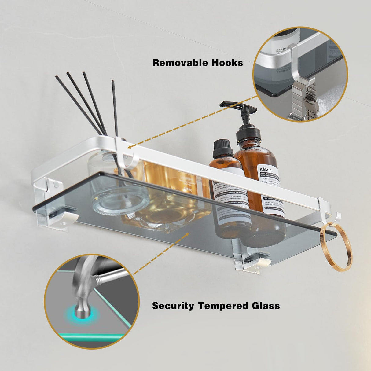 VOLPONE Glass Shelf for Bathroom 15.7 in Bathroom Shelves with Towel Bar Tempered Glass Shelves with 4 Removable Hooks for Wall(2 Tier) VOLPONE