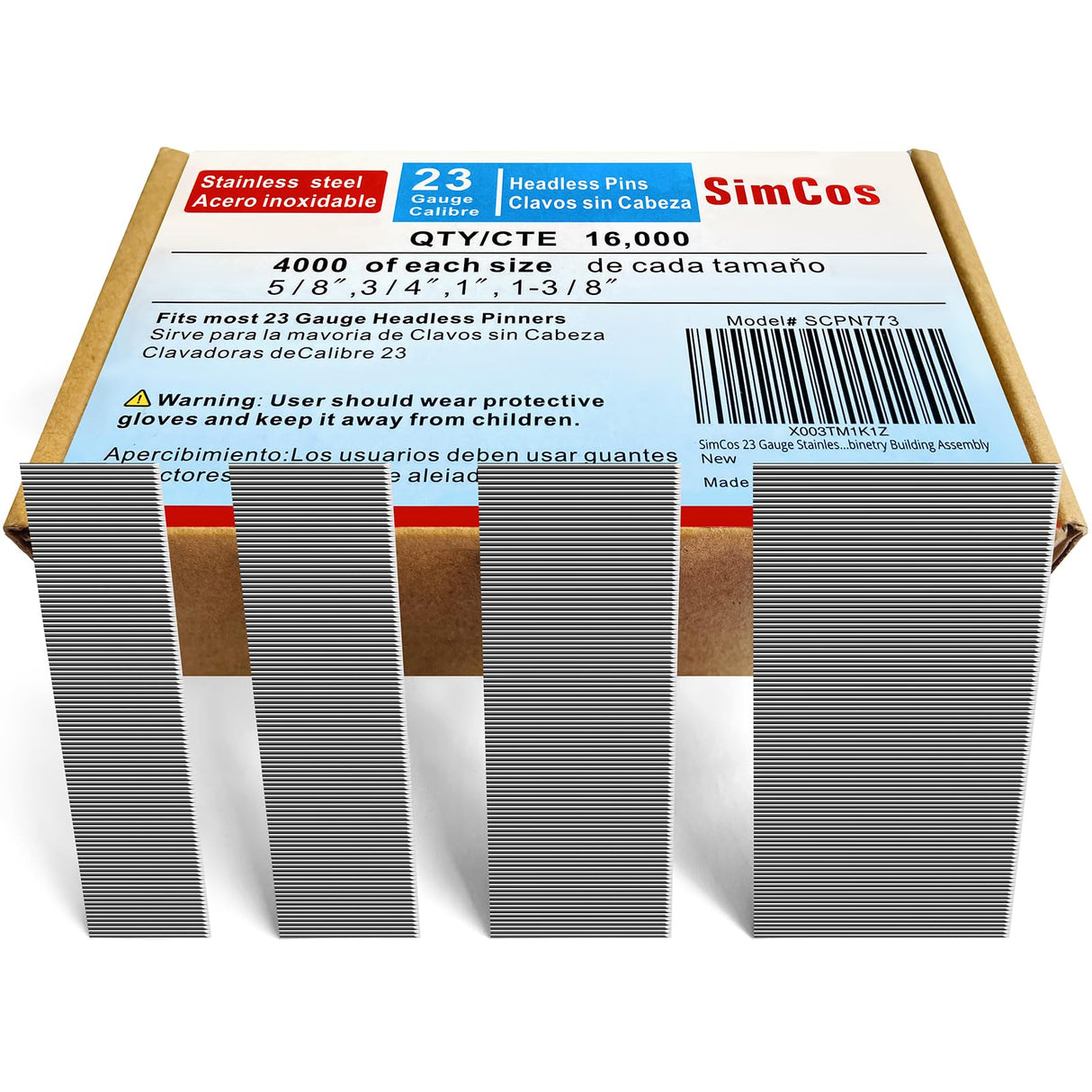 SimCos 23 Gauge Stainless Steel Pinner Nails (5/8",3/4",1",1-3/8") assorted 4 sizes' Headless Pin Nails for 23 GA Pneumatic or Electric Pin nailer or pin nail gun,Project Pack (4000) SimCos