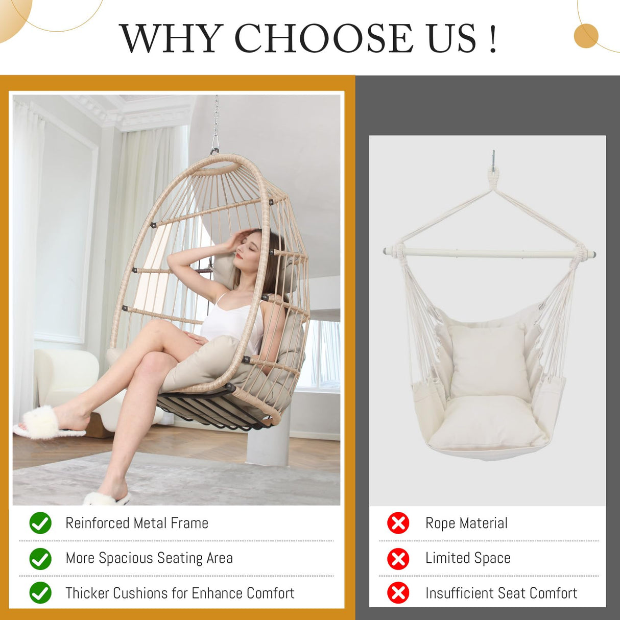 Swing Egg Chair Without Stand Indoor Outdoor Wicker Rattan Patio Basket Hanging Chair no Stand with UV Resistant Cushions 265lbs Capacity for Bedroom Balcony Patio (Beige) BULEXYARD