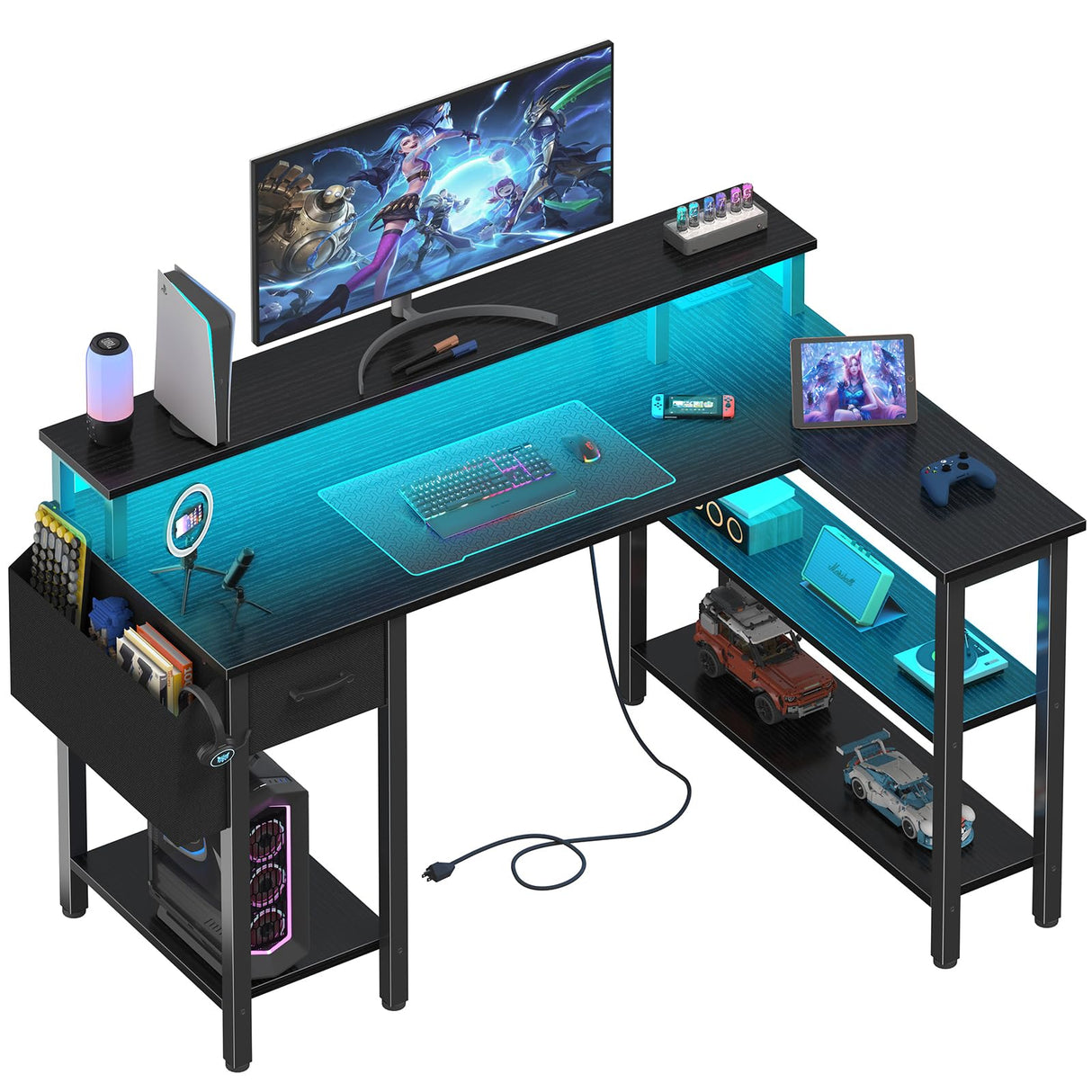 Lufeiya L Shaped Gaming Desk with Fabric Drawers and Storage Shelves, 47 inch Home Office Desk with Monitor Stand, Computer Desk with LED Lights and Power Outlets, Black Lufeiya