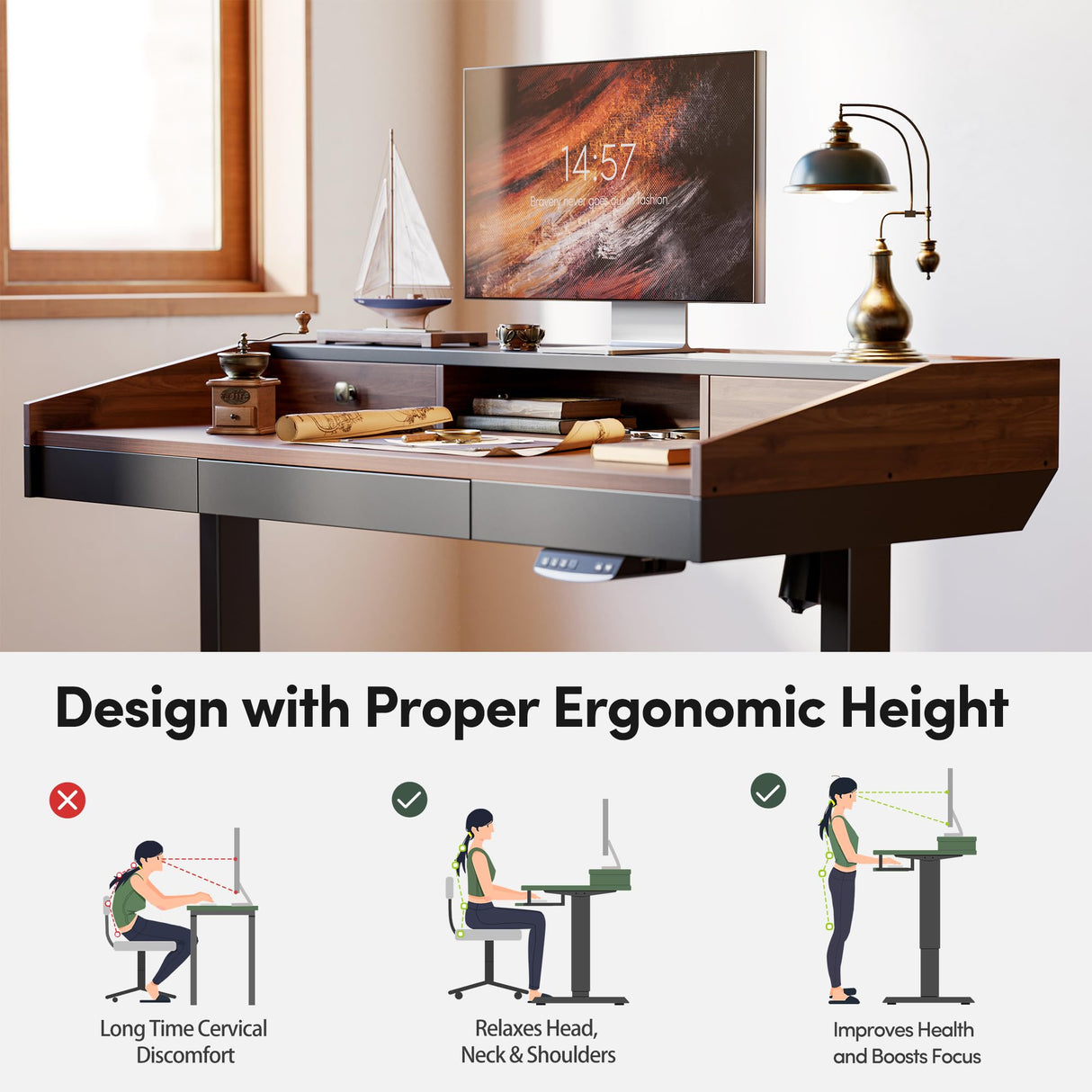 FEZIBO 55" Whole-Piece Standing Desk Adjustable Height with Drawers, 55 x 24 inches Electric Adjustable Desk with Monitor Shelf, Sit Stand Rising Desk with Baffle, Black Walnut FEZIBO