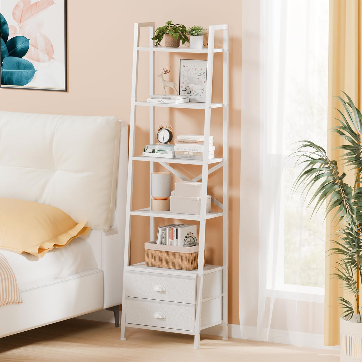 Furologee 5-Tier Ladder Shelf with 2 Drawers,Narrow Bookshelf Storage Shelves,Industrial Bookcase Freestanding Shelf Units for Bedroom,Living Room,Bathroom,Home Office,Balcony,Wood Metal, White Furologee
