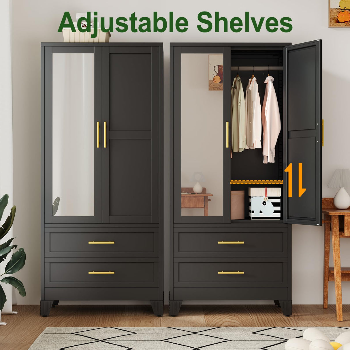 winiowa Metal Armoire Wardrobe Closet with 2 Drawers, 71" Wardrobe Cabinet with Adjustable Shelves and Hanging Rod, Clothing Storage Cabinet Closet with Mirror for Bedroom-Black winiowa