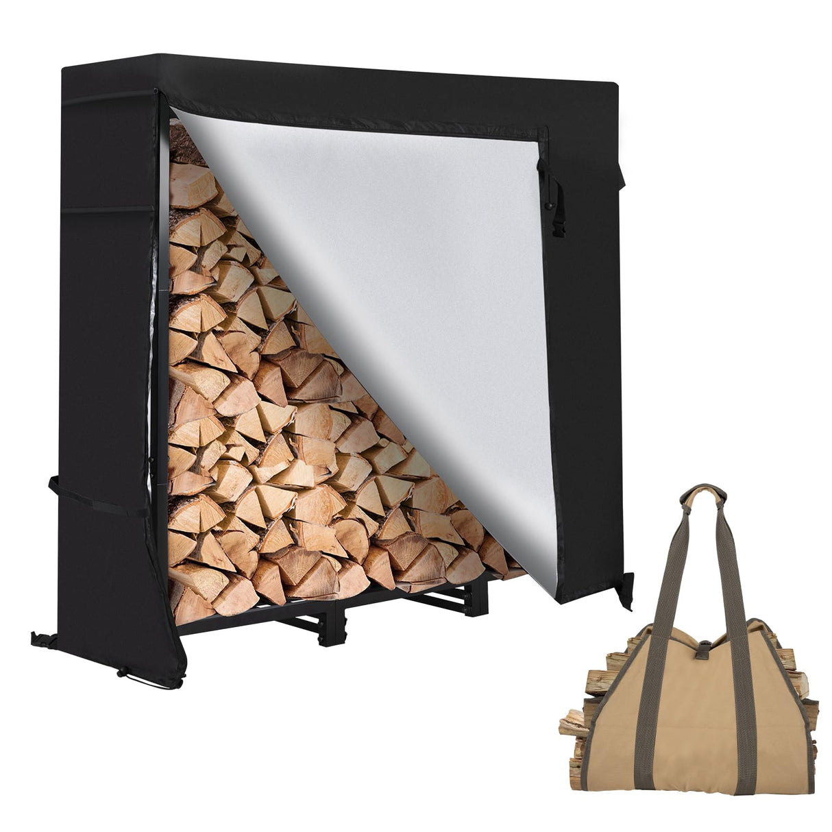 LOENIY 4ft Firewood Rack Outdoor with Waterproof Widened Cover, Heavy Duty Firewood Holder includes Hooks, Powder-coated Wood Rack with Carrier Bag, Firewood Storage Rack for Fireplace Deck Patio LOENIY