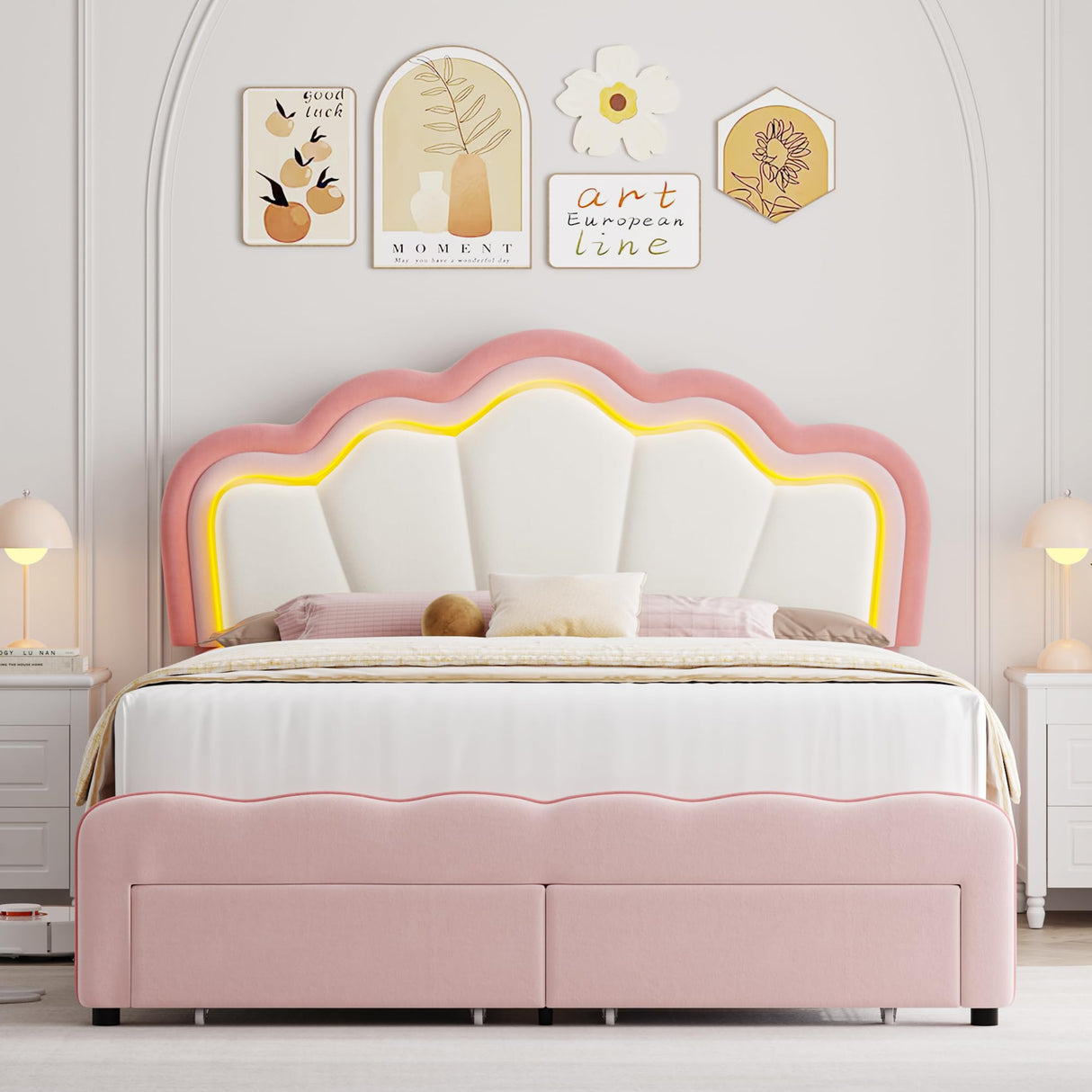 HOSTACK Full Upholstered LED Bed Frame with Storage Drawers, Cute Girls Bed with Adjustable Lotus Headboard, Velvet Princess Platform Bed Frame, Wooden Slats Support, No Box Spring Needed, Pink/Beige HOSTACK