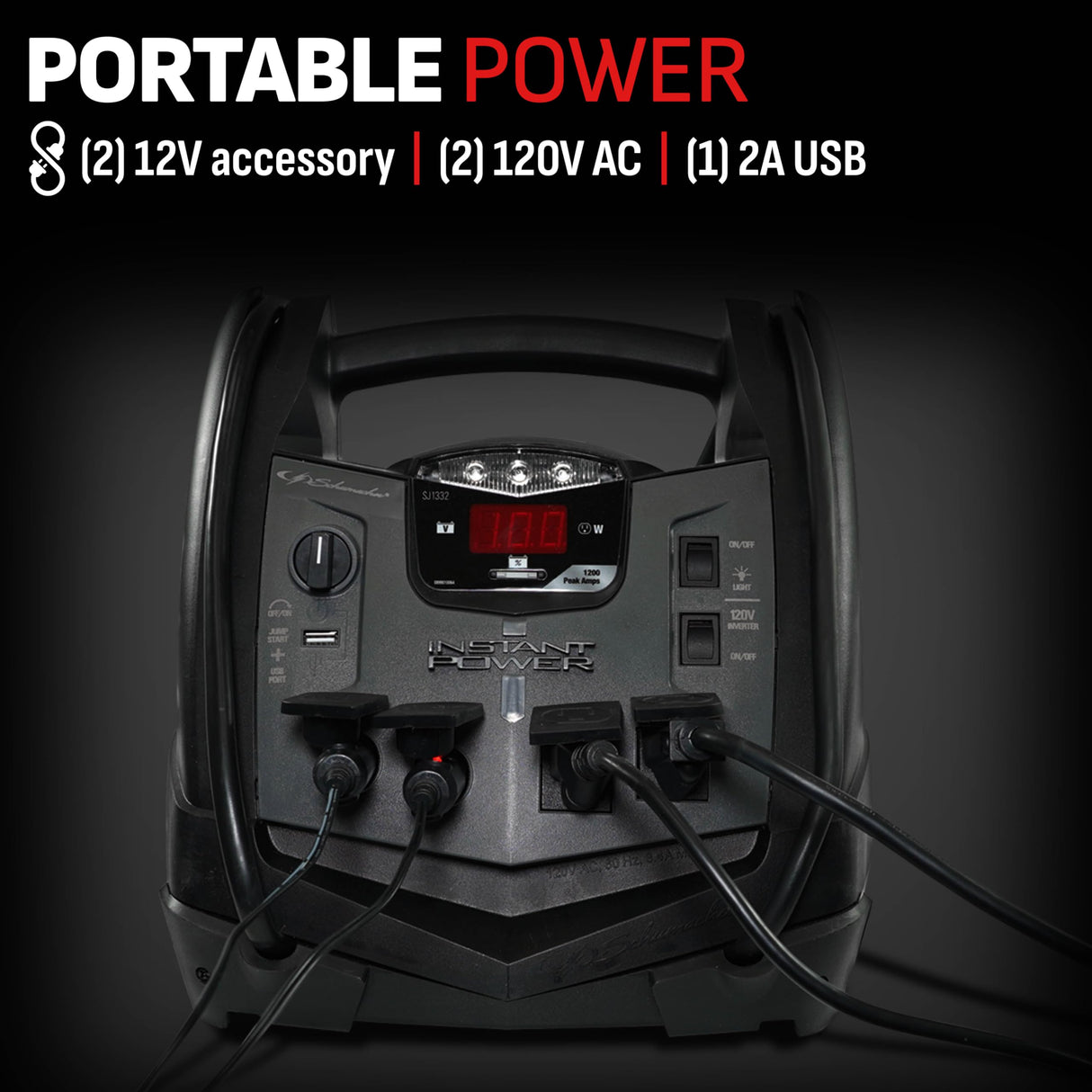 Schumacher Electric Jump Starter and Portable Power Station 6-in-1, SJ1332 with 150-PSI Air Compressor and 200 Continuous/400 Peak Watt Power Inverter, 1200 Peak Amps, 12 Volts, Black, 1 unit Schumacher