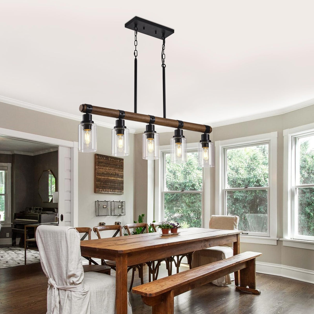 Dining Room Chandelier Over Table, 5-Light Farmhouse Kitchen Island Lighting, Matte Black Rustic Wood Chandelier with Clear Glass Shade, Ceiling Pendant Light Fixture for Kitchen maesta