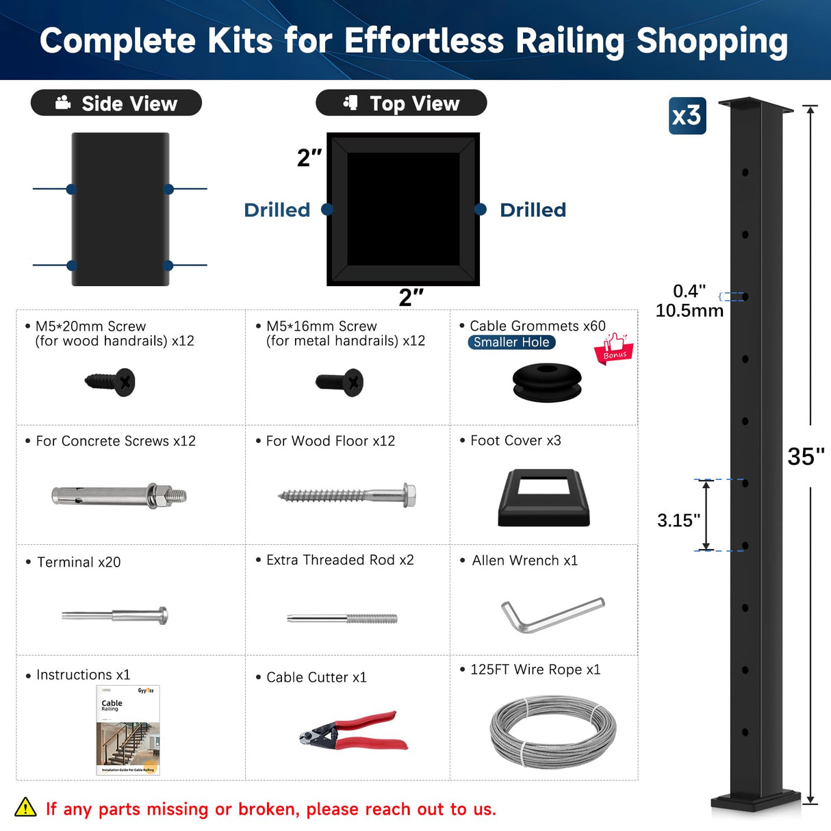 Gyykzz One-Stop Cable Railing Post Kit, 3 Pack Level Drilled Deck Post 36", Fixed Top Cable Railing System Including 3 Railing Post, 125ft Cable, 20 Terminal, 60 Cable Grommets (No Handrail) Gyykzz