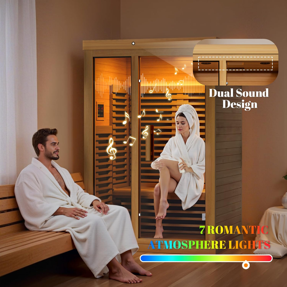 Tehanld Far Infrared Wooden Sauna Low EMF- 2 Person Personal Sauna for Home Use, Full Spectrum Infrared Sauna, Dual Tempered Glass & Bluetooth Speakers - Indoor Sauna 2000W, Natural Wood Tehanld