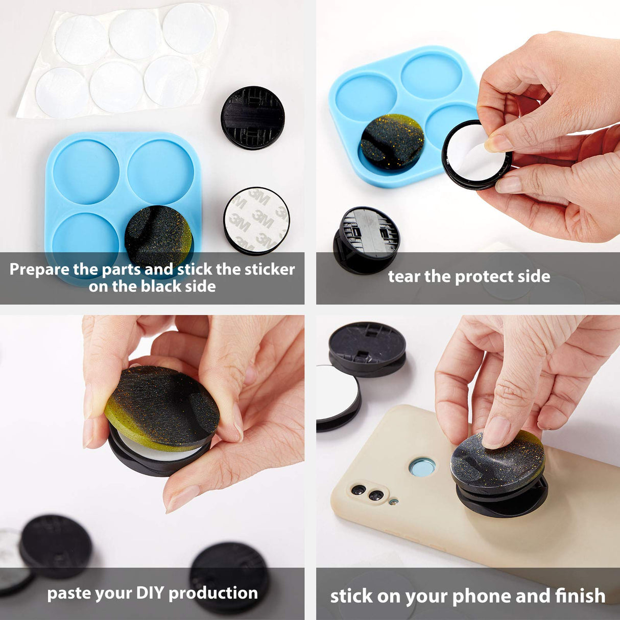 Phone Grip Mold 4 Circle Shape Epoxy Resin On Top Phone Grip Mold with 10 Pieces Blank Sublimation Phone Holders Circle Silicone Molds for DIY Design (Black Holder) Weewooday