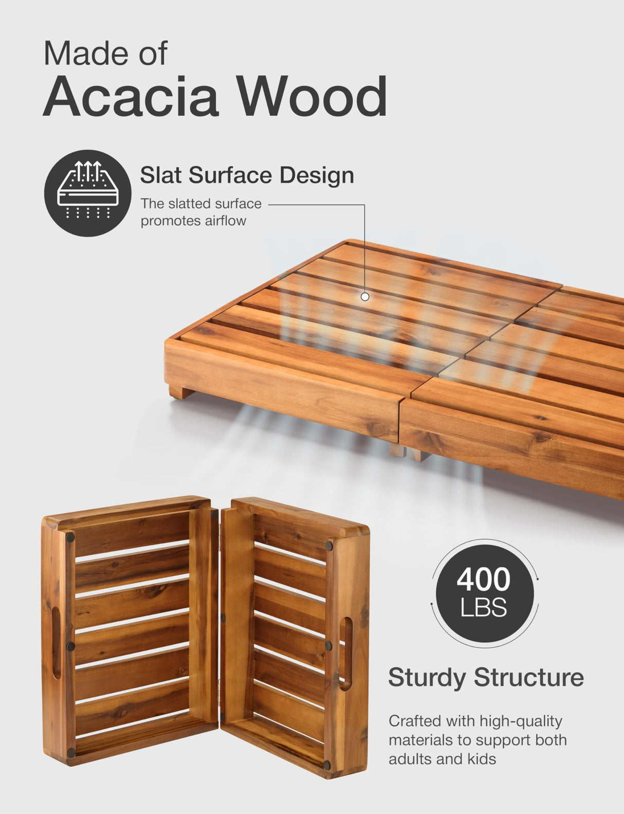 Holana One Foldable Step Stool for Elderly - Acacia Wood High Riser Step Stool for Adults Kid - Wooden Mobility Stepping Stools 400 Lbs Load Capacity for Bathroom Aid Handicap, Bed, Kitchen, Garden HOLANA