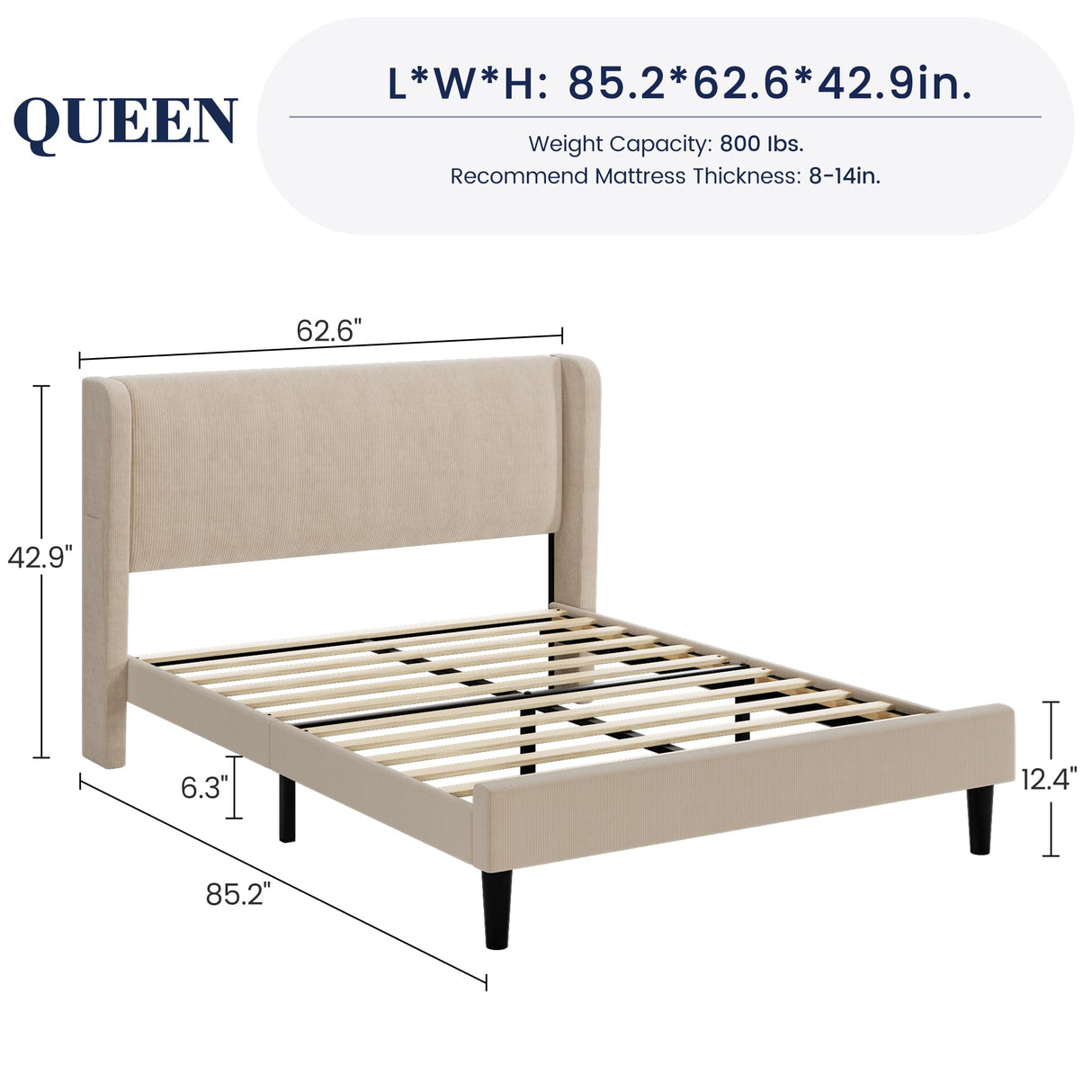 IDEALHOUSE Queen Upholstered Bed Frame with Wingback Headboard, Luxurious Velvet Upholstery Platform Bed, Wooden Slat Support, and Easy Assembly - Box Spring Optional, Beige IDEALHOUSE
