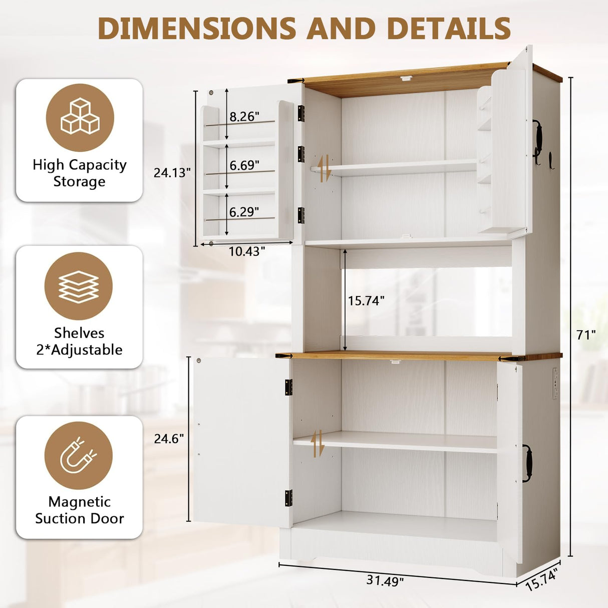 71" Kitchen Pantry Cabinet with Charging Station, Farmhouse Pantry Cabinet with Microwave Stand, Food Storage Cabinets with 6 Door Shelves & Adjustable Shelf, Kitchen Hutch for Dining Room, White Hiwelldas