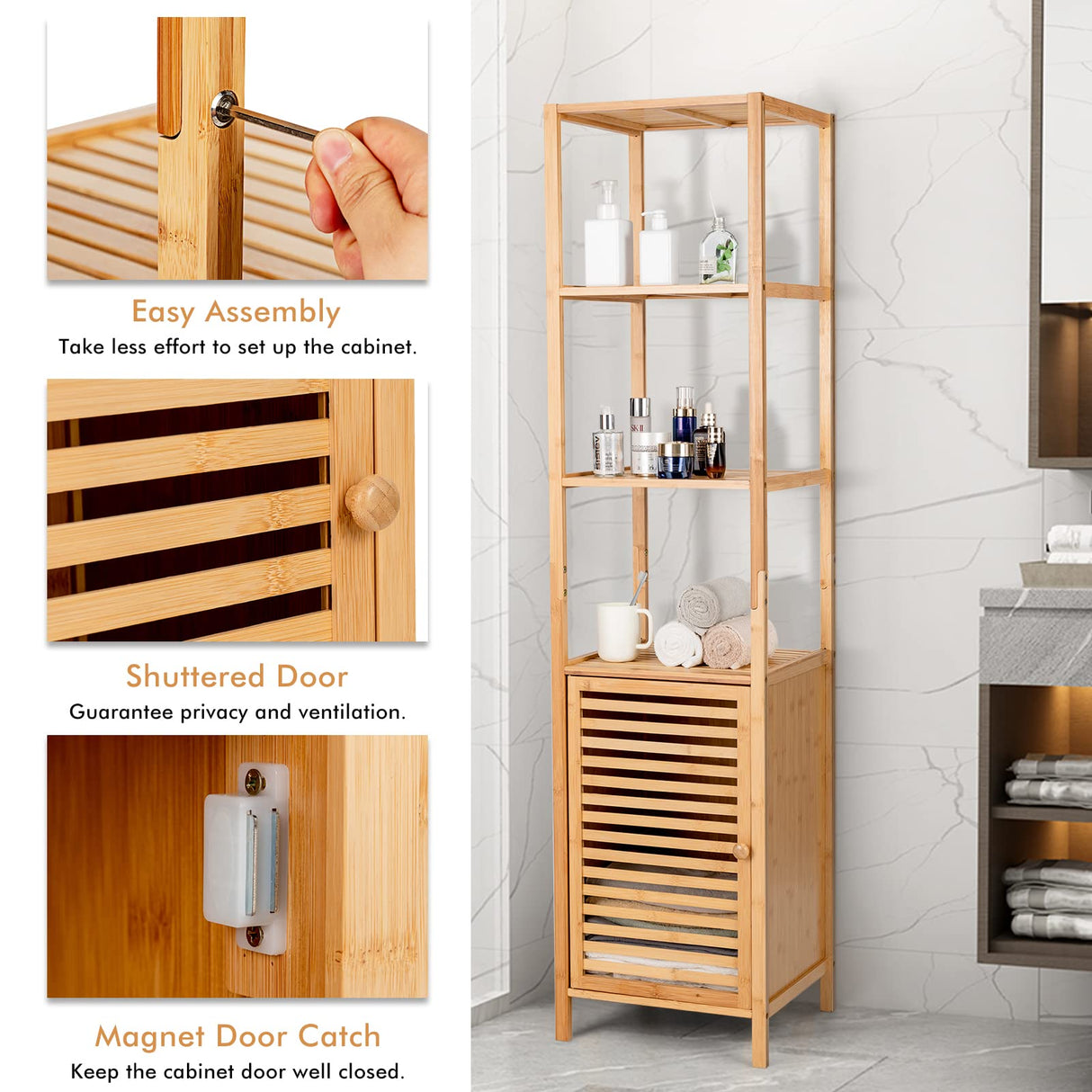 LOKO Tall Bamboo Cabinet, Slim Narrow Floor Storage Cabinet with 3 Tier Shelves & Shutter Door, Freestanding Linen Tower Cabinet for Bathroom, Living LOKO