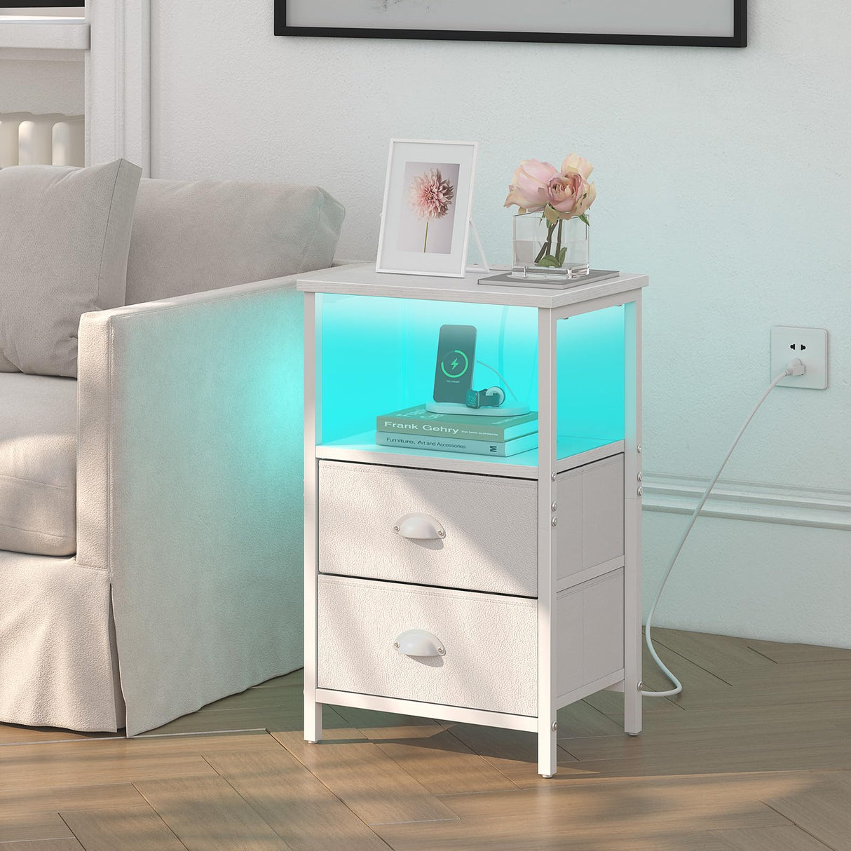 sthmec Nightstand with Charging Station, LED Night Stand Set 2, Bedside Table End Tables Set of 2, Bedroom Tables with 2 Fabric Drawers PU Finish, 3-Tier Storage Side Table for Bedroom,White sthmec