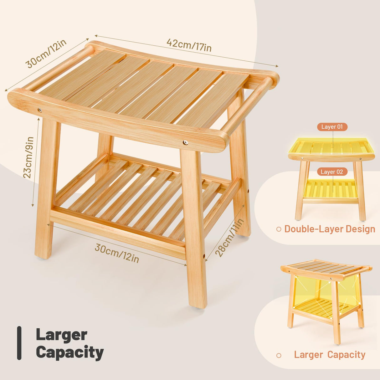 Bamboo Shower Bench for Inside Shower to Sit on,Waterproof Shower Stool for Shaving Legs,Spa Bathroom Shower Chair with Storage Shelf, Bathroom Bench Seat for Senior Adult Disabled Elderly LEJANEOYE