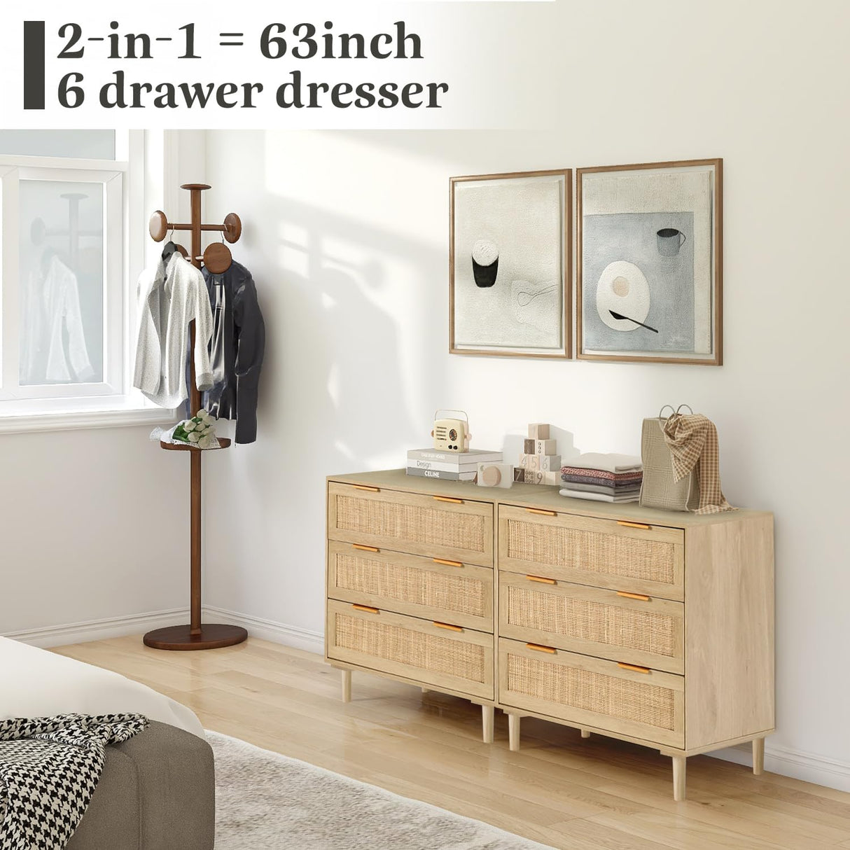 HOPUBUY 3 Drawer Dresser for Bedroom, Oak Rattan Dresser Closet Dressers Chest of Drawers, Light Wood Dresser 3 Drawer Storage Chest for Bedroom, Hallway, Living Room HOPUBUY