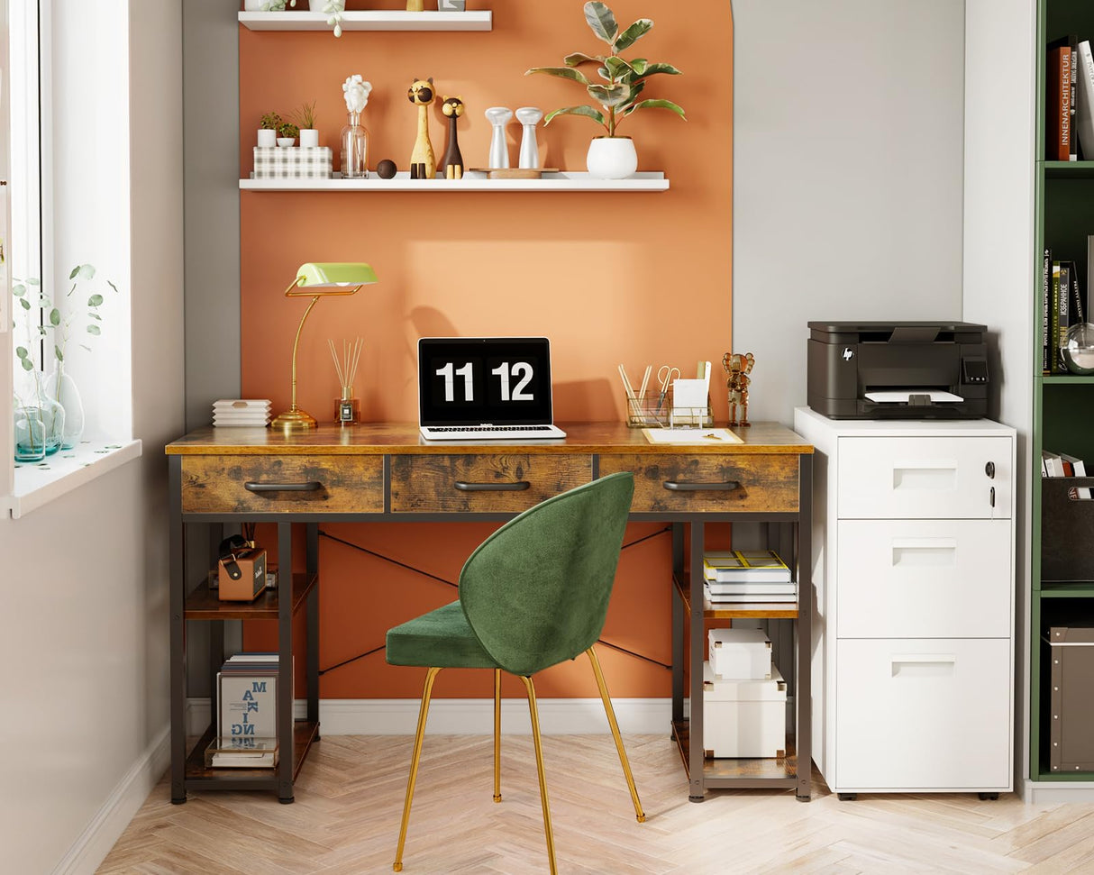 ODK Vintage Small Computer Desk with Fabric Drawers and Storage Shelves - Modern Writing Table, 48"x16" ODK