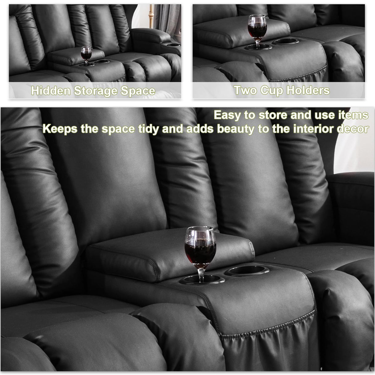 SAMERY 65.5" RV Loveseat Recliner Double Recliner RV Sofa & Console | Wall Hugger Loveseat Reclining RV | RV Theater Seats | RV Couch | RV Home Theater Seating Furniture (Faux Leather Black) SAMERY