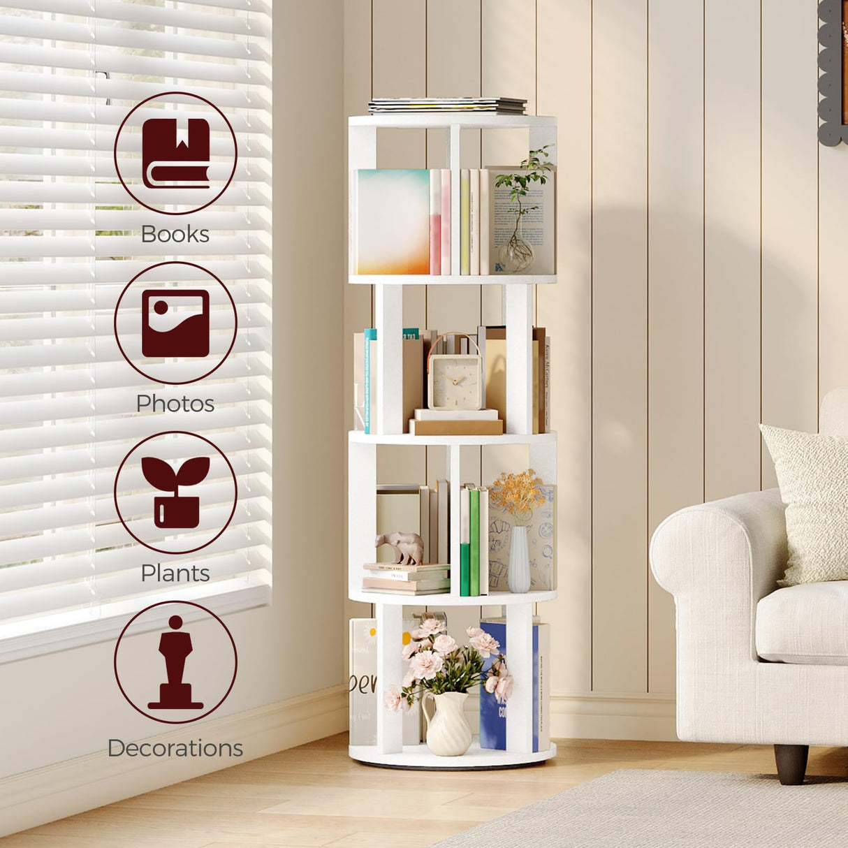 MAHANCRIS 4-Tier Rotating Bookshelf, 360° Spinning Bookshelf Tower, Floor Standing Round Revolving Bookcase, Display Rack for Books, CDs, for Living Room, Study, Bedroom, White BKWT6401 MAHANCRIS