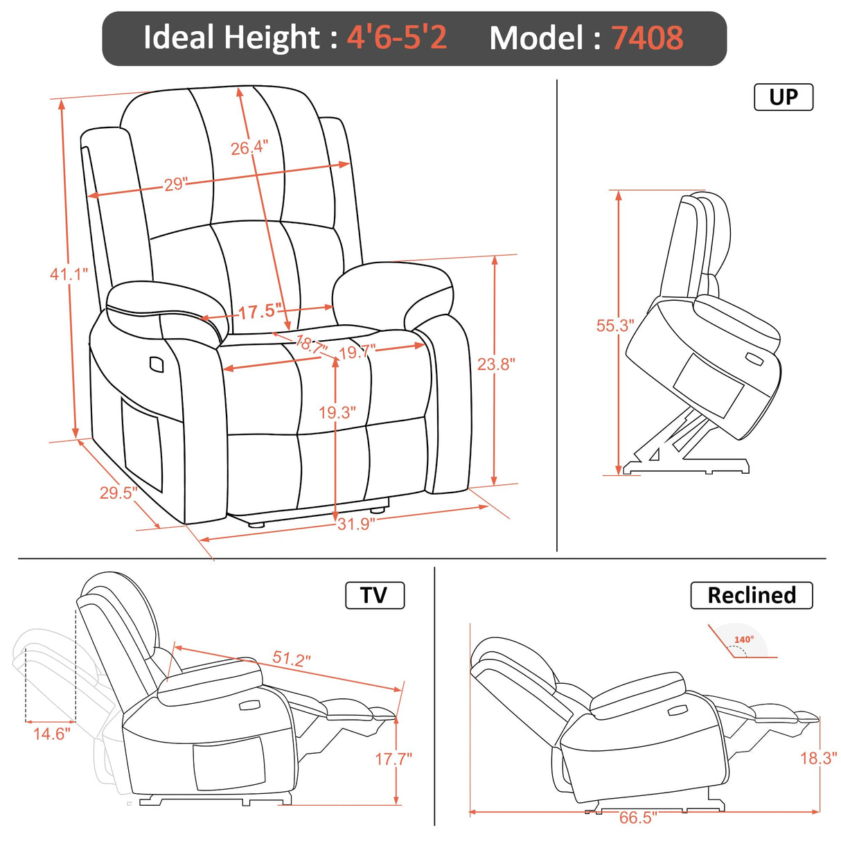 MCombo Small-Regular Power Lift Recliner Chair with Massage and Heat for Petite Elderly People, 3 Positions, 2 Side Pockets, USB Ports, Faux Leather 7408 (Beige, Small-Regular) MCombo