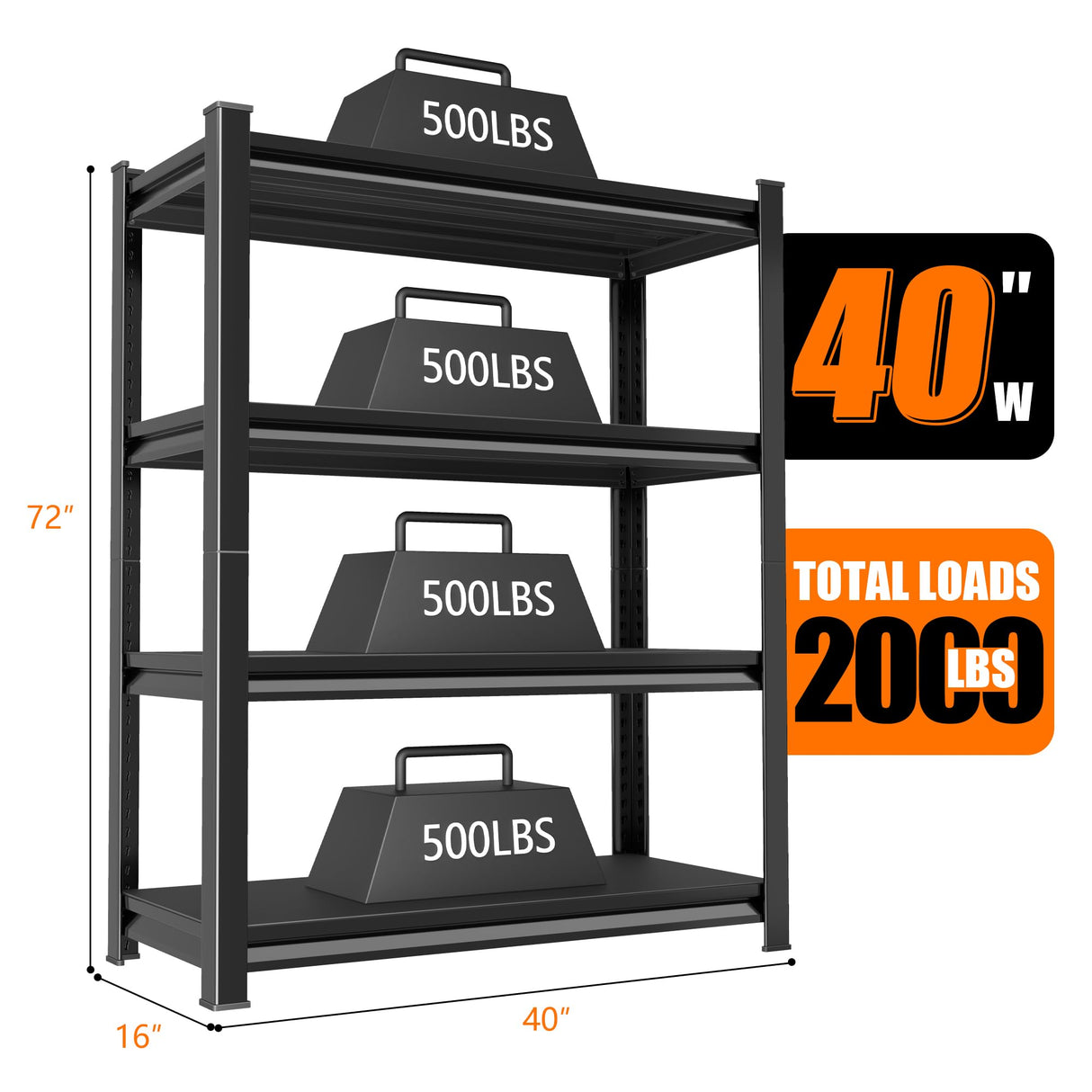 Rufokisa 40in Wide Garage Shelving Heavy Duty,2000lbs Large Loads Adjustable Garage Storage Shelves,All Metal Storage Racks and Utility Rack Shelves, 40”W x 16”D x 72”H (Black) Rufokisa