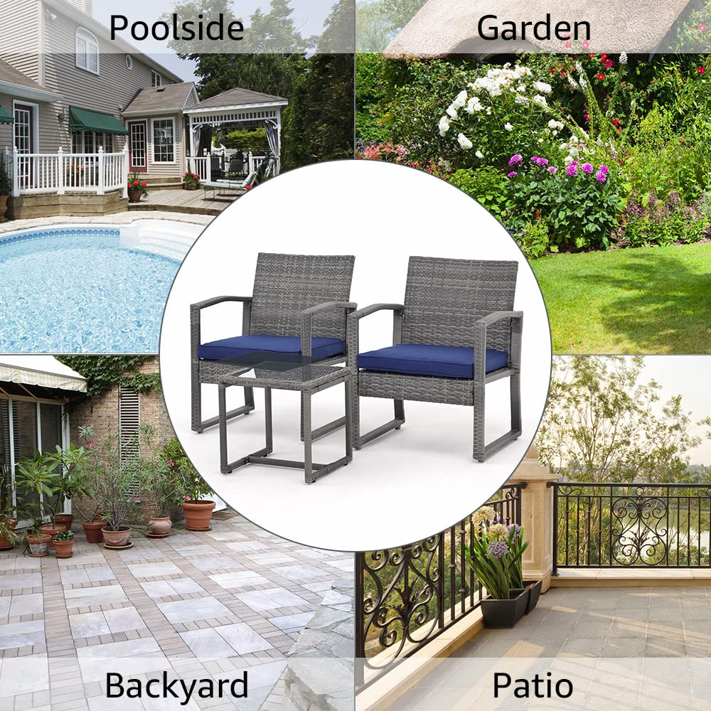 Patiorama 3 Pieces Outdoor Patio Furniture Set, Outdoor Wicker Conversation Set, Patio Rattan Chair Set, Modern Bistro Set with Coffee Table, Garden Balcony Backyard Poolside (Navy Blue) Patiorama