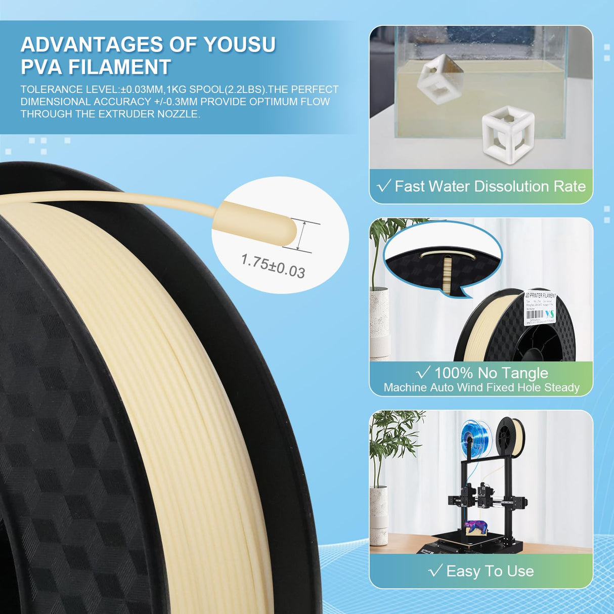 Yousu PVA Filament 1.75mm, Water Soluble Support 3D Printer Filament, 0.5kg, Natural PVA, Softens in 55-60°C Water Temperature for Easy Removal of Filament Support Yousu