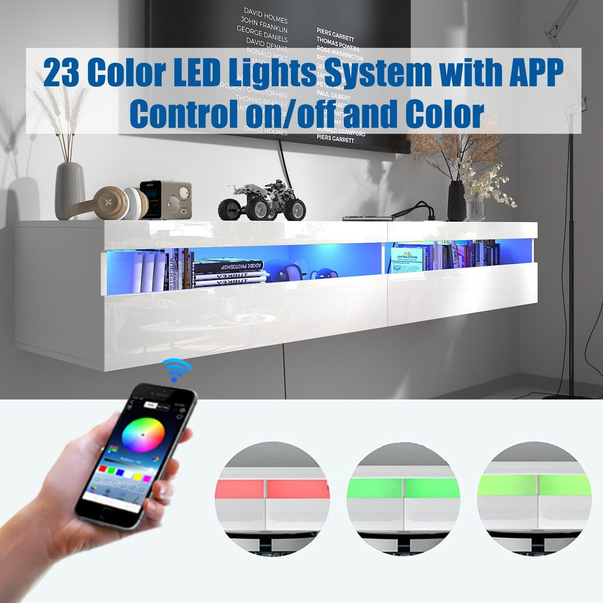 Floating TV Stand Wall Mounted with Power Outlet, Modern Floating Entertainment Center for 80 Inch TV, High Gloss Floating TV Shelf with LED Lights for Living Room, Bedroom, White Doredo