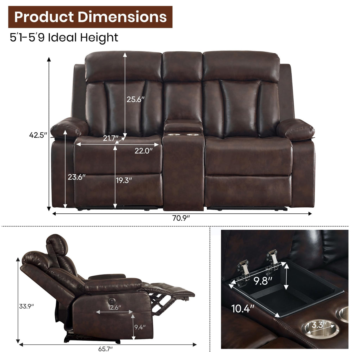GUEAPY Power Reclining Loveseat with Console, 70.9" Faux Leather Loveseat Recliner with Heat & Massage, Double RV Recliner Sofa with Cup Holders, USB & Type-C Ports, Storage Pocket GUEAPY