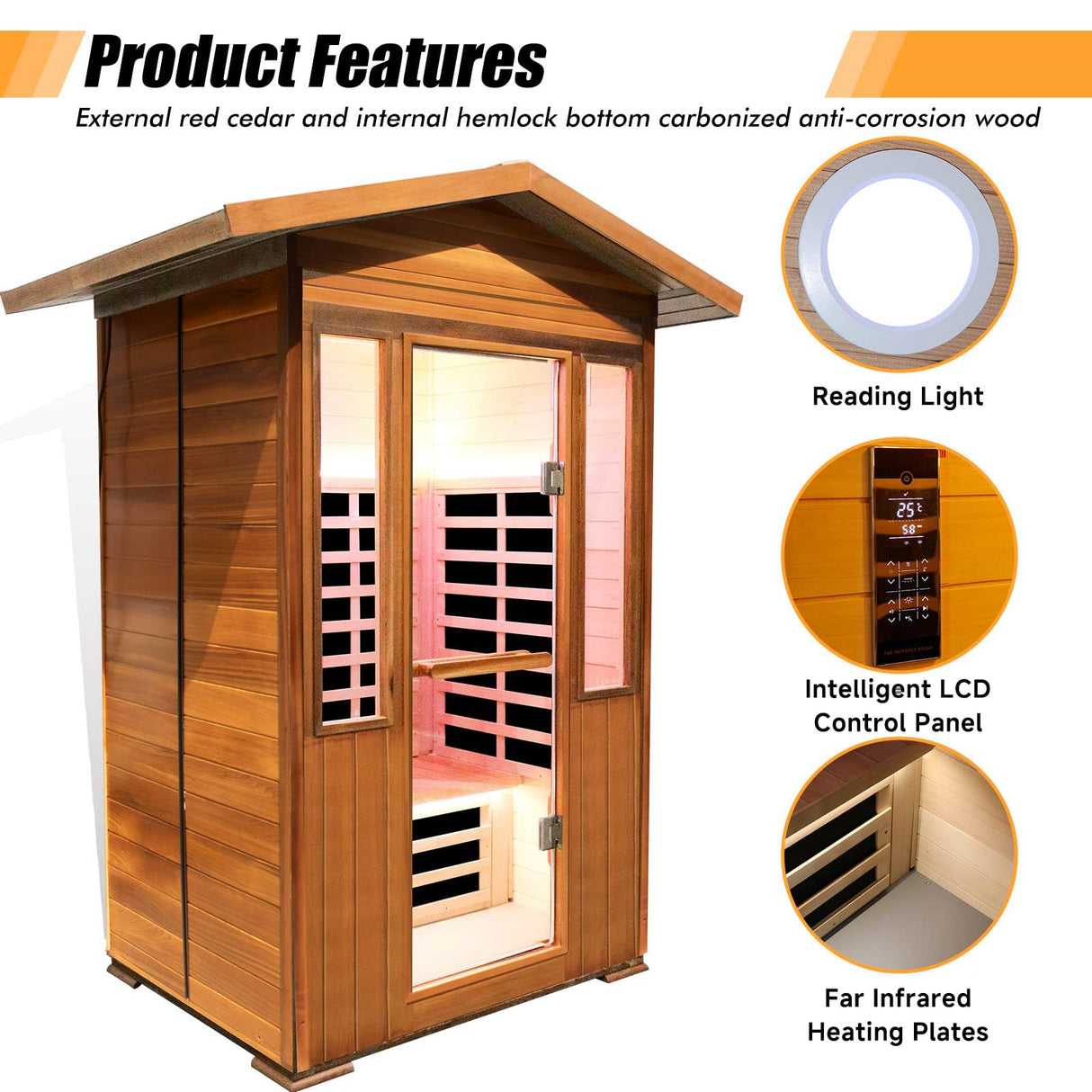 Outdoor Sauna 2 Person Sauna Outdoor Infrared Sauna 2-Person for Home 1800w Outdoor Saunas for Home Canadian Hemlock and Red Cedar Wood Sauna Outdoor Two Person Far Infrared Sauna Low EMF for Backyard RIGO