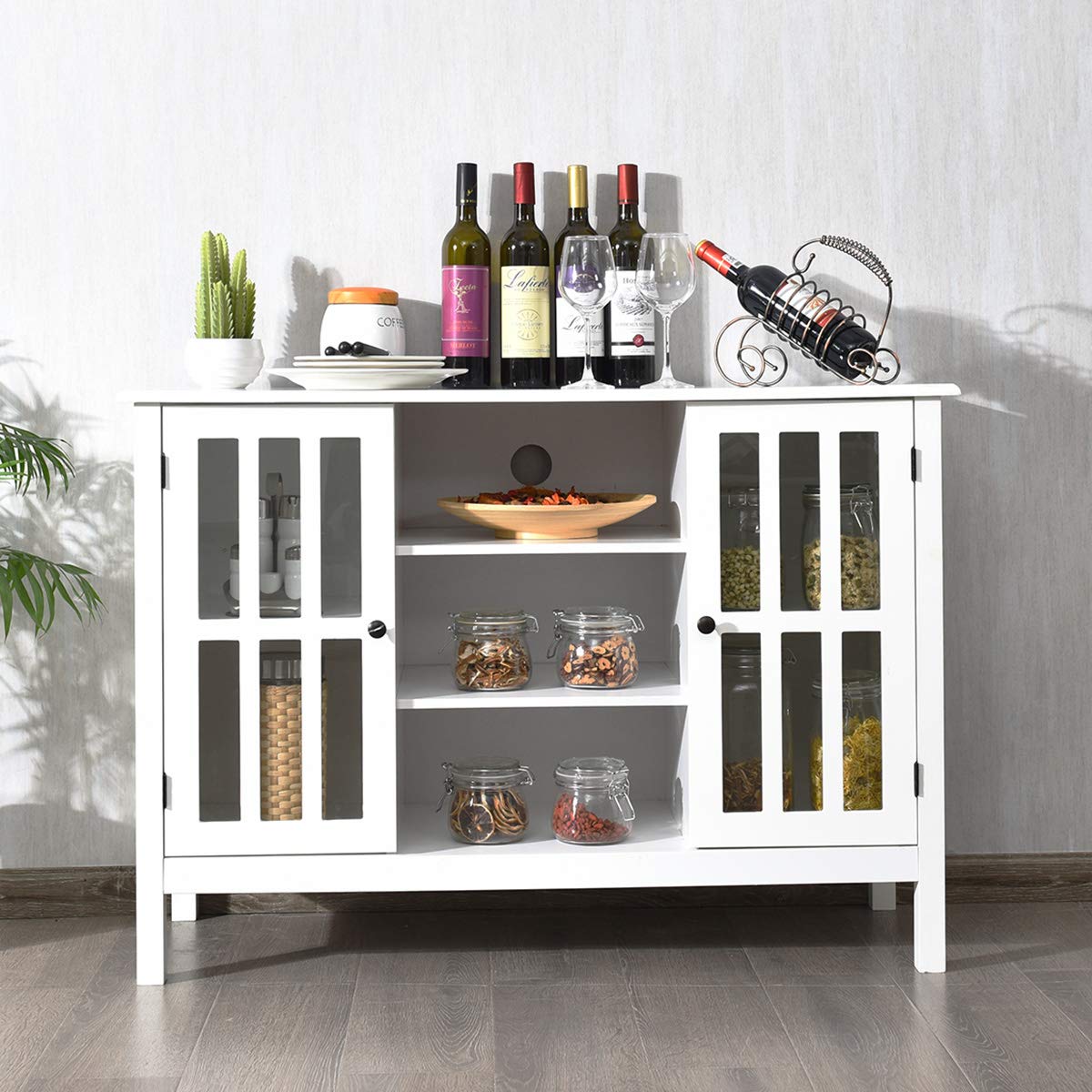 Tangkula White TV Stand, Modern Tall Entertainment Center for TVs up to 50", Media Console w/2 Storage Cabinets & 3 Open Shelves, Wire Hole, Wood TV Console Table for Living Room, White Tangkula