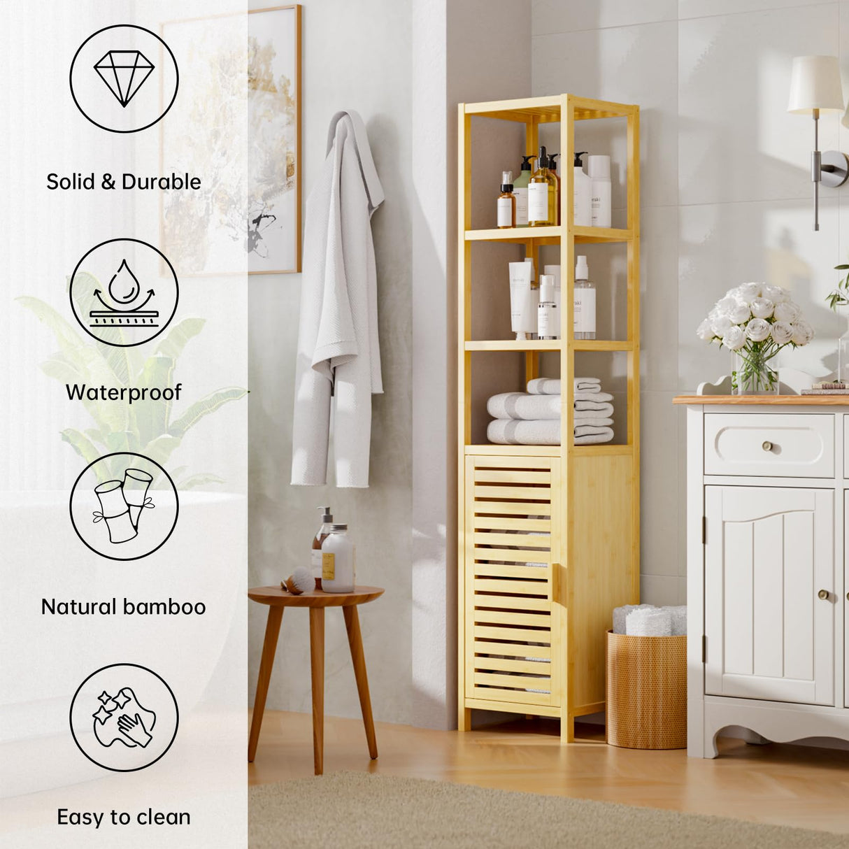 HITNET Bathroom Floor Cabinet, 6 Tier Tall Thin Linen Tower Storage Cabinet Free Standing Bamboo, Kitchen Side Organizer with 3 Shelves and Cupboard, Natural HITNET