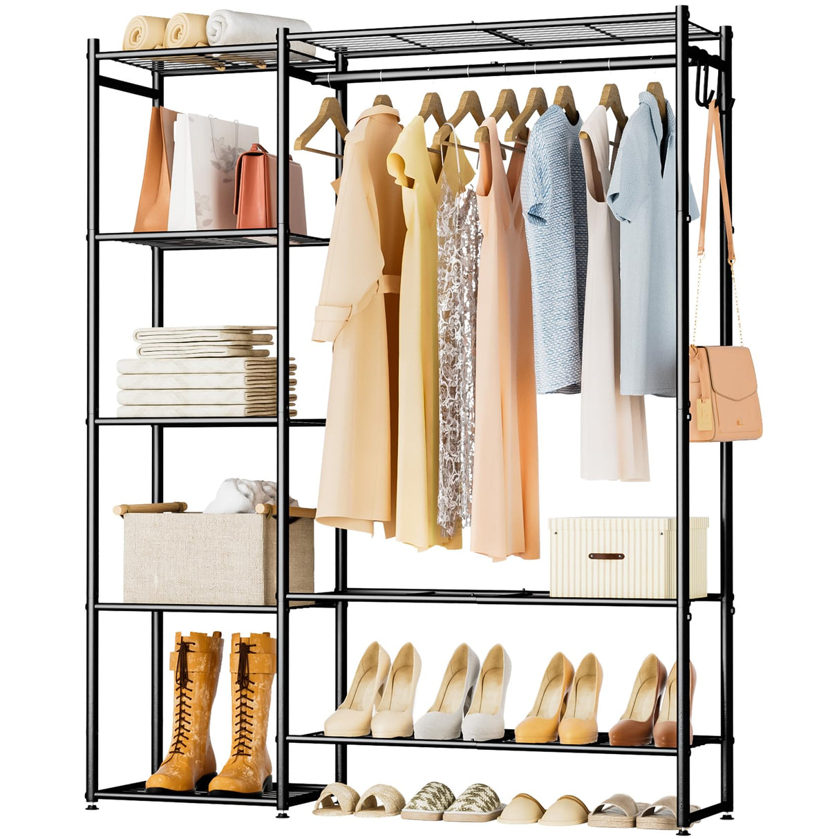 Wardrobe Closet, Portable Clothing Rack for Hanging Clothes, Free Standing Closet Organizers and Storage System with 4 Tiers Shelves for Cloakroom Bedroom, Black Neprock