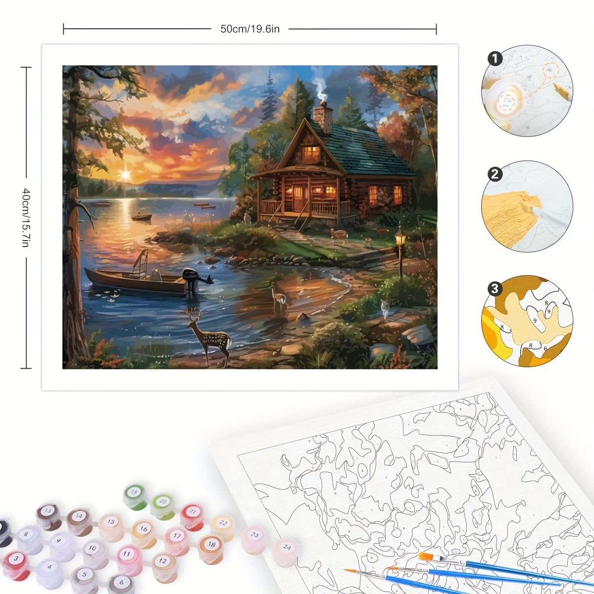 Cabin by The Lake Paint by Numbers Kit for Adults - DIY Sunset Landscape Painting on Canvas 16x20 Inches, Acrylic Paint Set, Suitable for Beginners, Nature Art Kit for Home. TAOPAOLAB