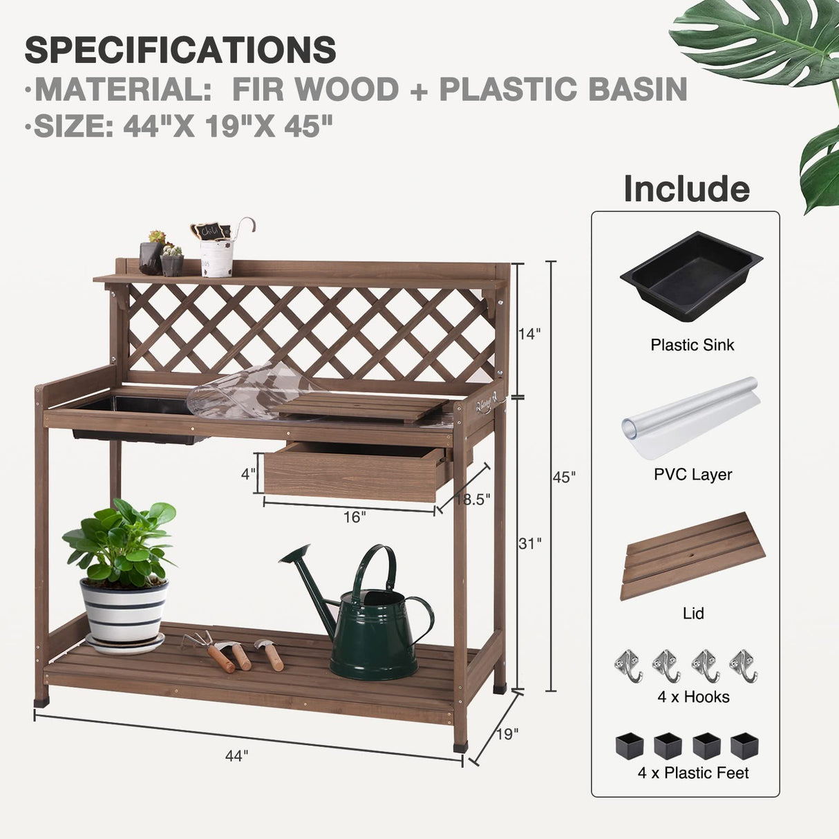 Potting Bench Potting Table Potting Benches for Outside 44 Inch Fir Wood Garden Potting Station Garden Table PVC Layer Storage Shelf Sink Drawer Hooks MEDEHOO
