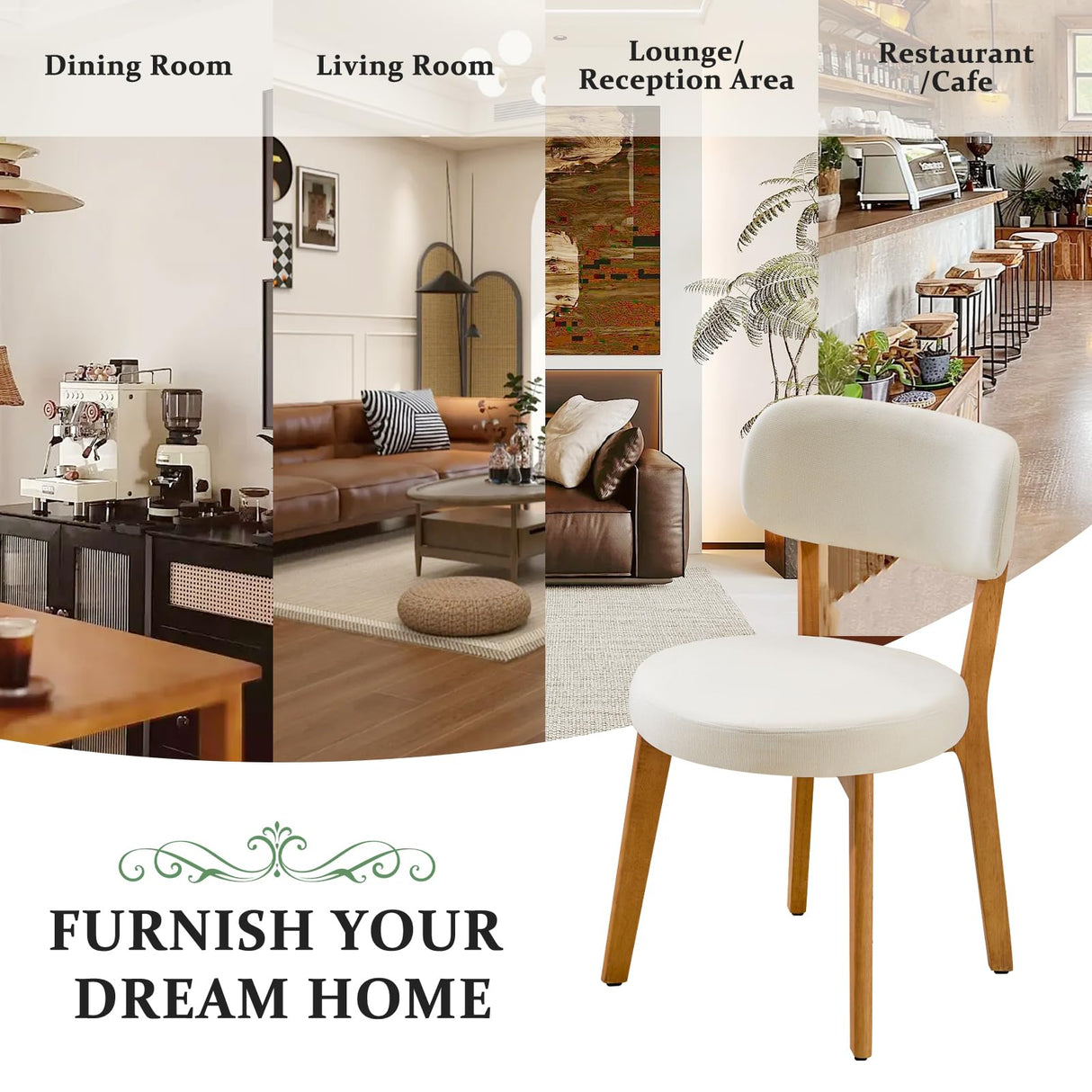 Furniliving Wooden Dining Chairs Set of 2, Mid-Century Modern Linen Upholstered Kitchen Chair with Solid Oak Wood, Farmhouse Dining Room Chairs, Beige Furniliving